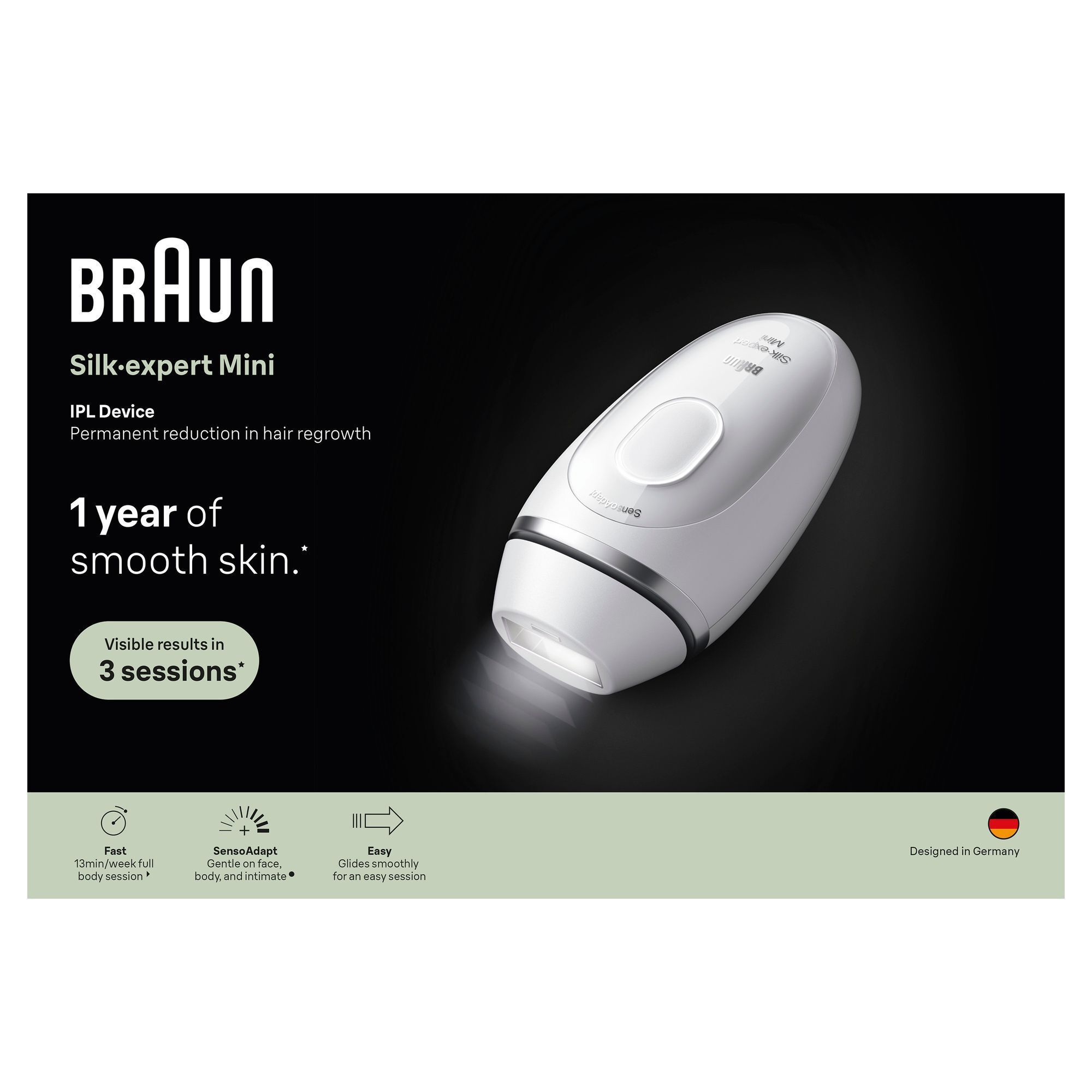 Braun Silk-expert Mini IPL GerÃ¤t, verspricht 1 Jahr glatte Haut.