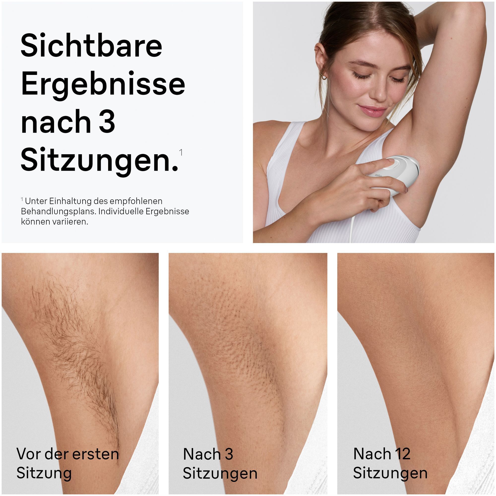 1.Eine Frau verwendet den Braun Silk·expert Mini an ihrer Achsel. 2. Vorher- und Nachher-Bilder der Achsel, die die Haarreduktion zeigen.