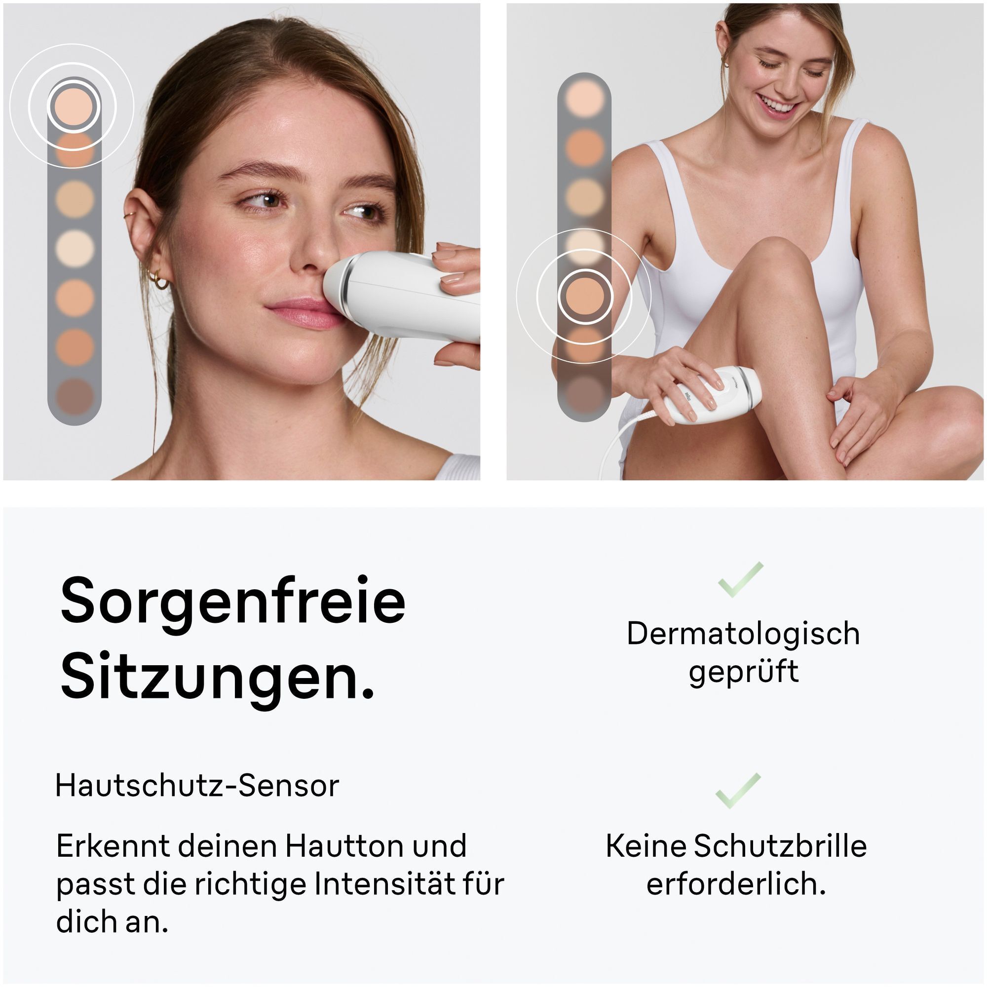 Zwei Anwendungsbilder einer Frau, die den Braun Silk·expert Mini an ihrer Oberlippe und am Unterschenkel verwendet, mit der Grafik des SkinProtect Sensors.