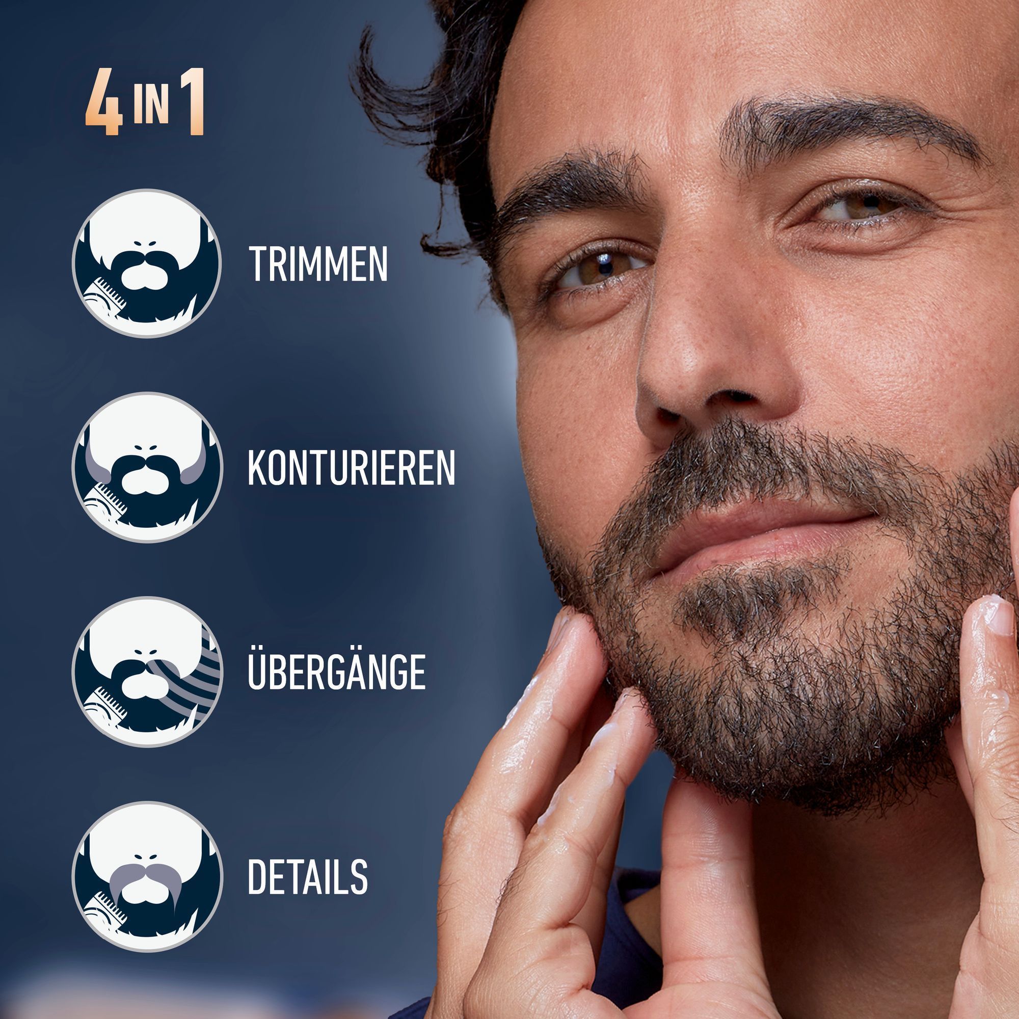 Ein Mann berÃ¼hrt seinen 3-Tage-Bart mit beiden HÃ¤nden, nachdem er den King C. Gillette Pro Trimmer verwendet hat