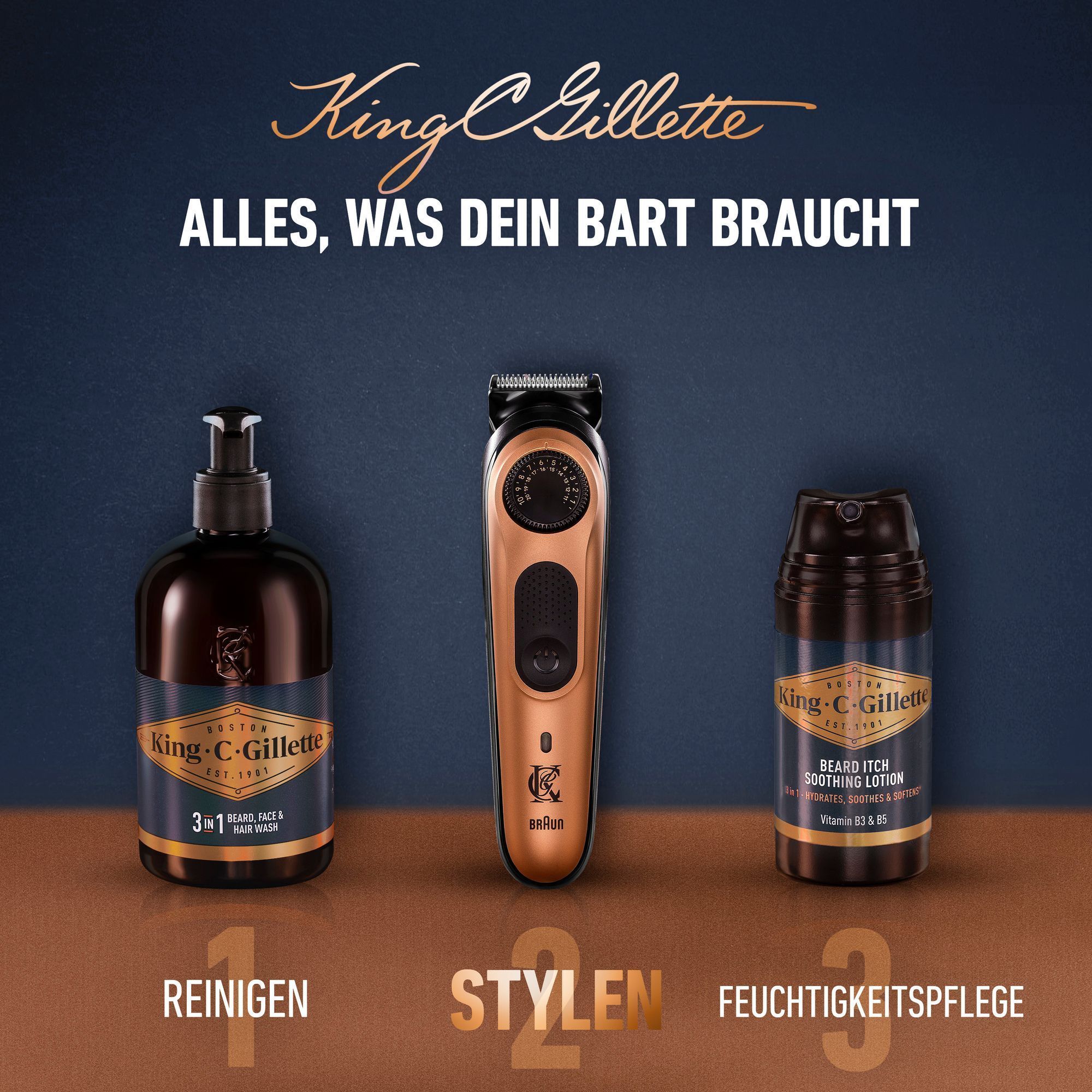 Die 3-in-1 Waschlotion, der Trimmer Pro und die Beruhigende Bart Lotion stehen auf einer glatten OberflÃ¤che. Alles, was dein Bart braucht.