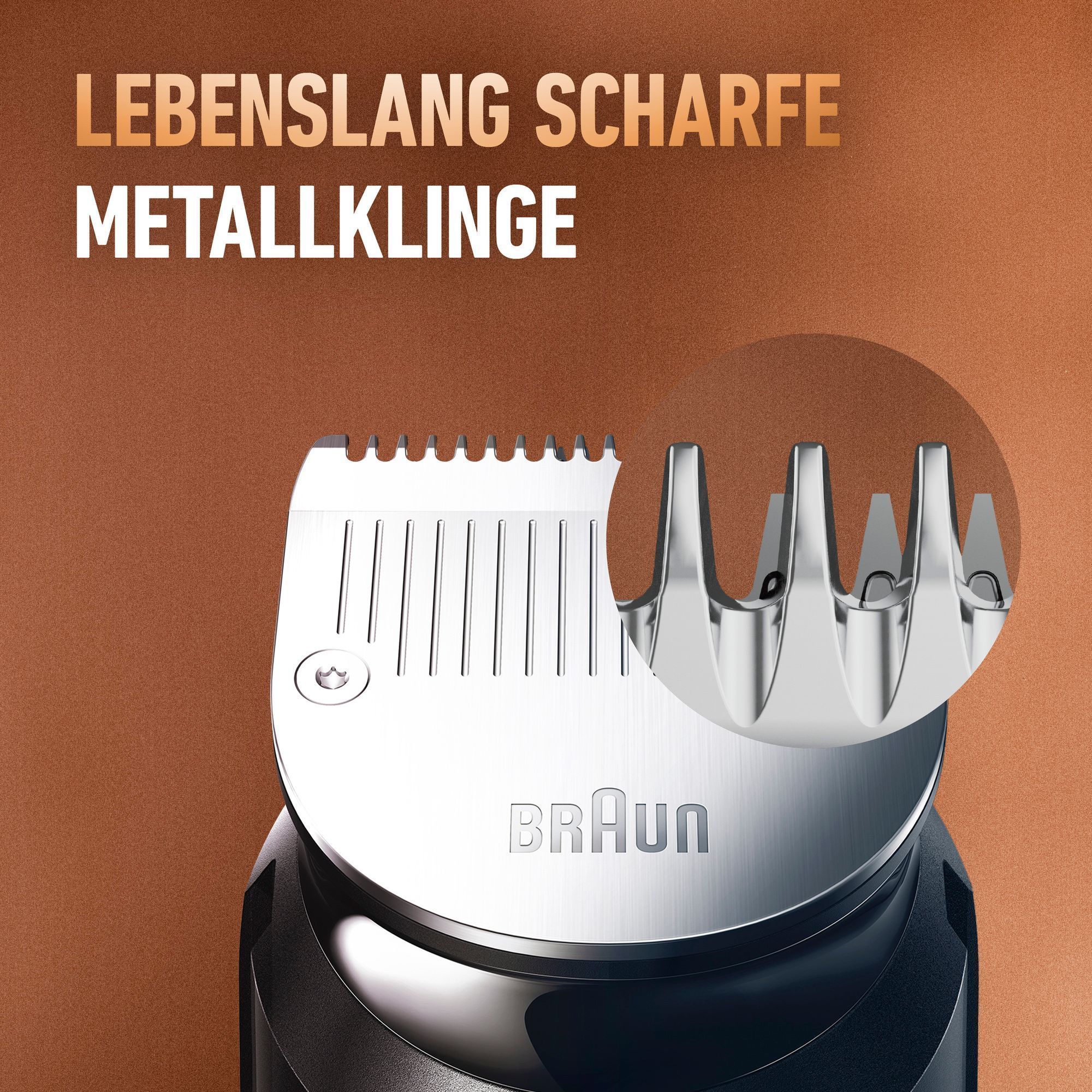 Nahaufnahme eines King C. Gillette Trimmerkopfs mit einer Sprechblase zur lebenslang scharfen Klinge