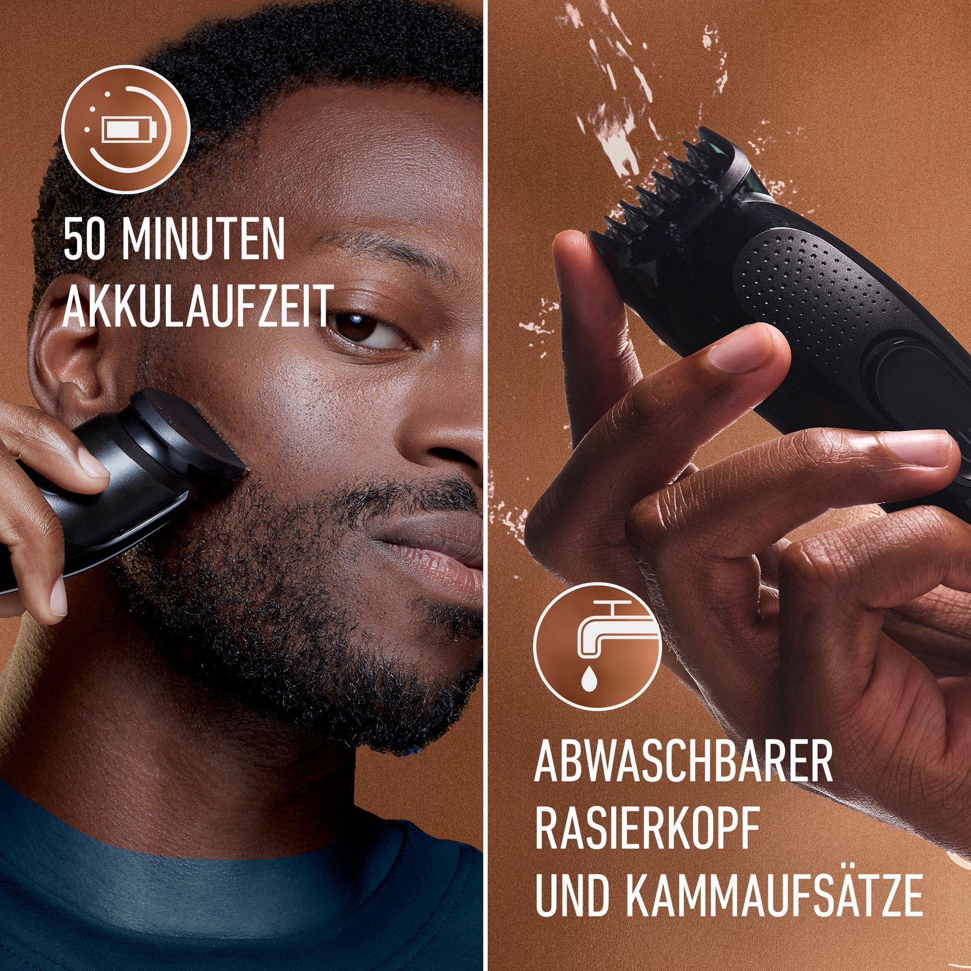 Ein Mann trimmt seinen Bart mit dem King C. Gillette Trimmer mit einer Laufzeit von 50 Minuten, der Trimmerkopf wird unter flieÃendem Wasser gewaschen