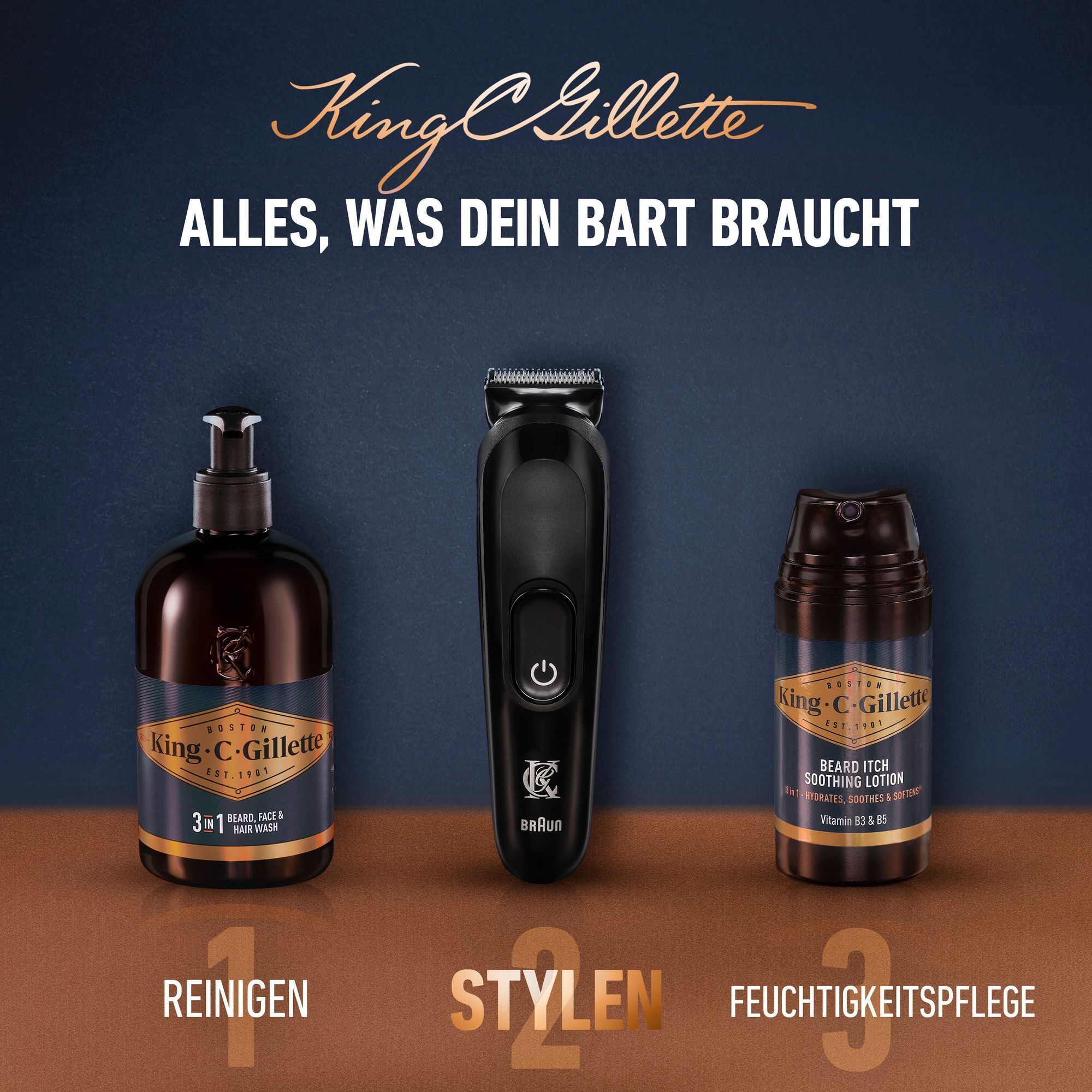 Die 3-in-1 Waschlotion, der Basis-Trimmer und die Beruhigende Bart Lotion stehen auf einer glatten OberflÃ¤che. Alles, was dein Bart braucht.