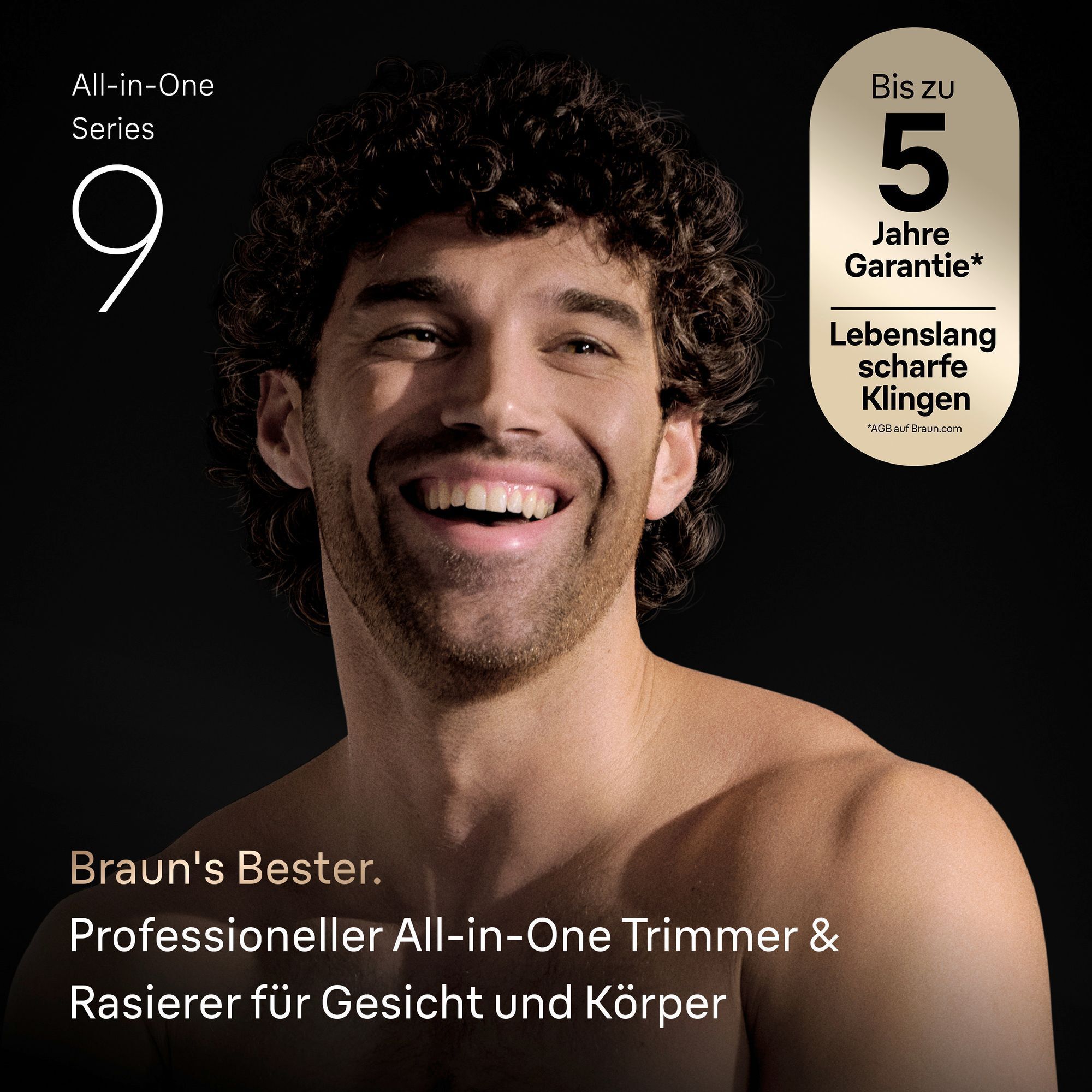 Ein Mann lächelt mit dem Braun All-in-One Series 9 und hebt präzises Grooming sowie sanfte Körperpflege hervor.