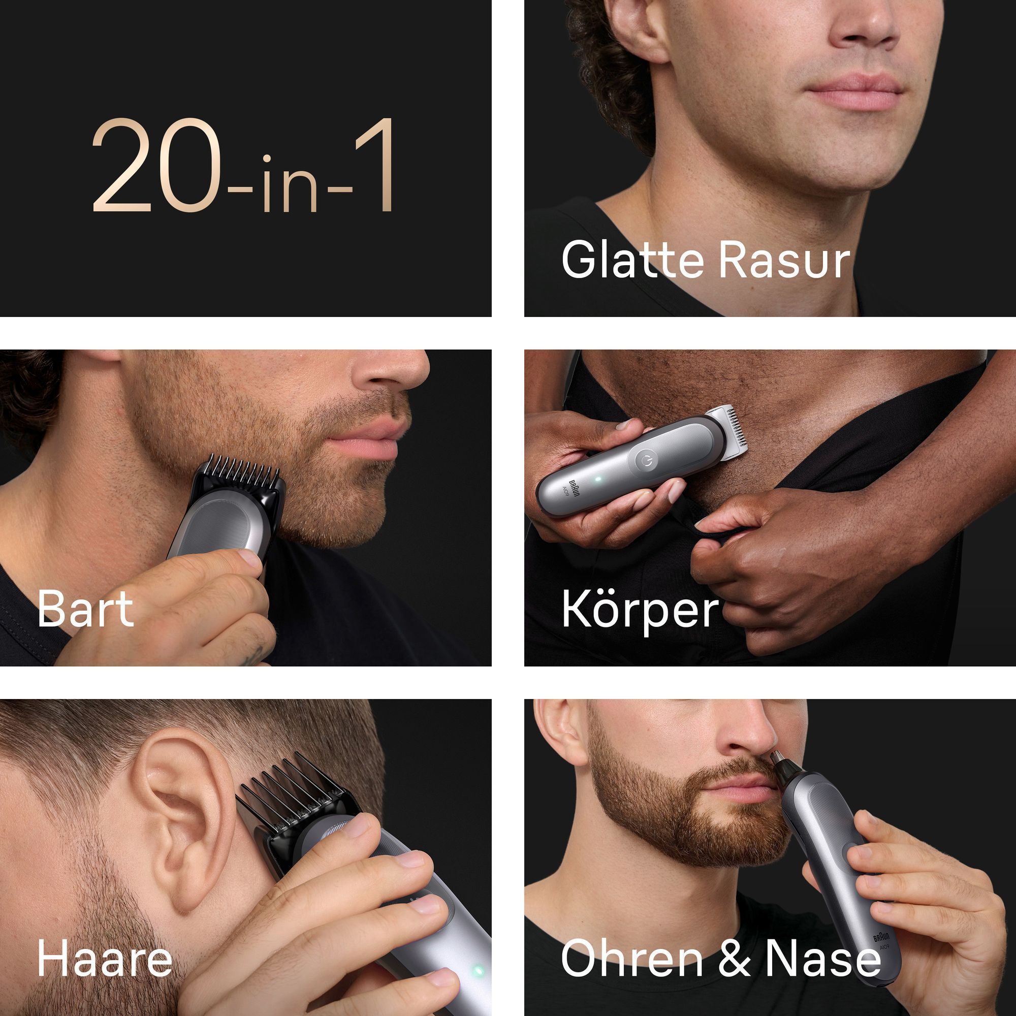 Braun All-in-One Trimmer zeigt Funktionen für eine gründliche Rasur, Bart, Körper, Haare sowie Ohr und Nase.