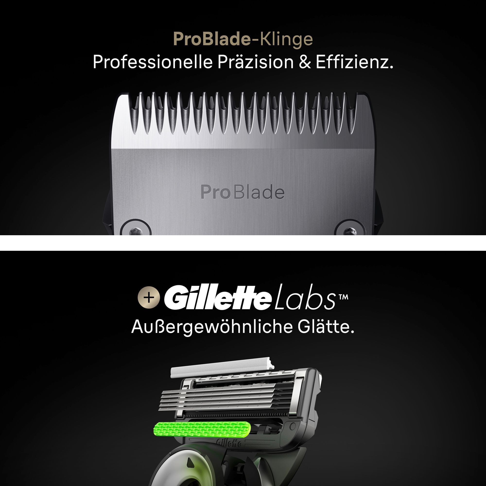 Nahaufnahme des Braun ProBlade-Trimmerkopfs und des Gillette Labs Rasierers für präzises Rasieren.