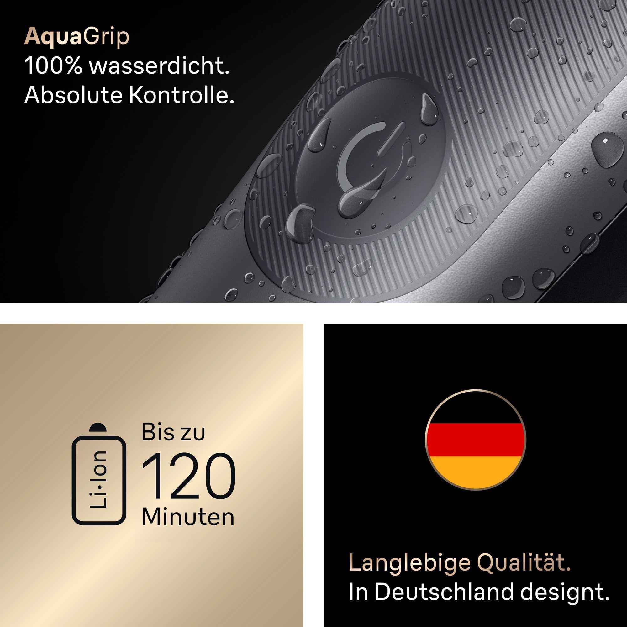 Wasserdichter Braun Trimmer mit AquaGrip-Griff, 120 Minuten Akkulaufzeit und deutschem Design-Siegel.