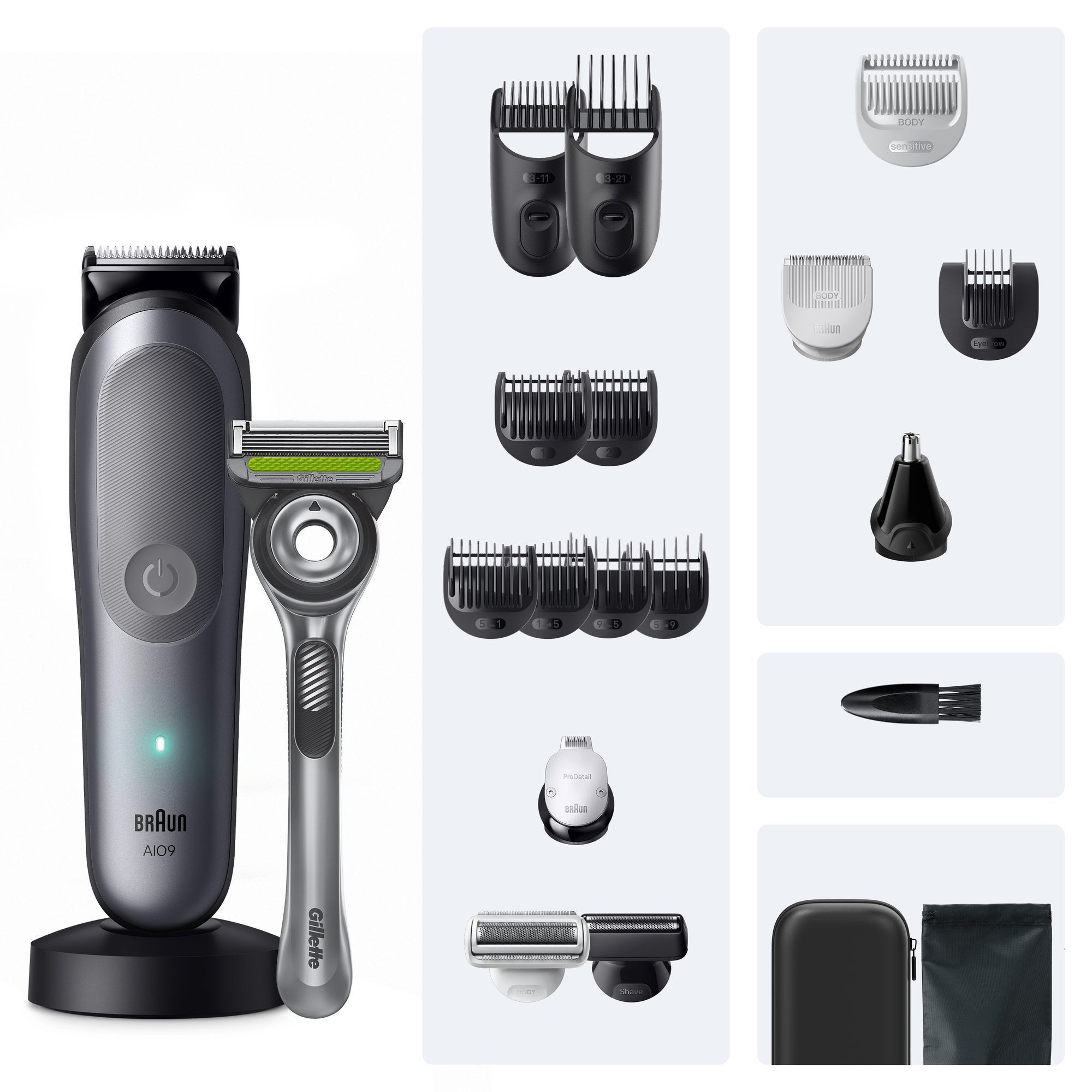 Aparador multifuncional Braun AI09 com lâmina Gillette e acessórios completos de cuidado.