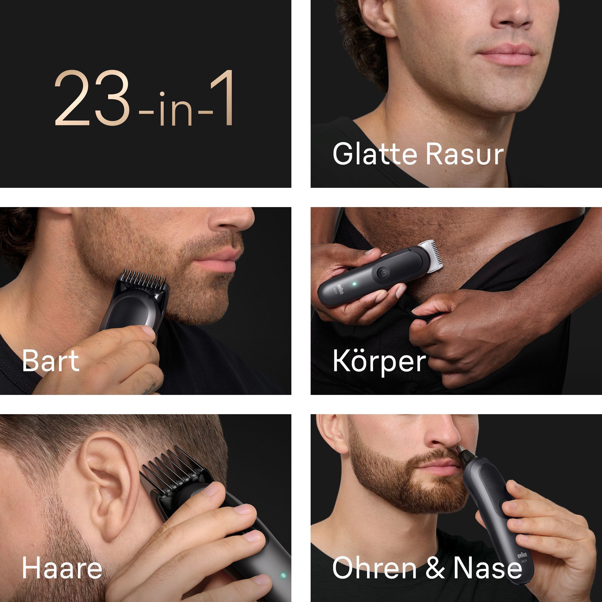 Braun All-in-One Trimmer zeigt Funktionen für eine gründliche Rasur, Bart, Körper, Haare sowie Ohr und Nase.