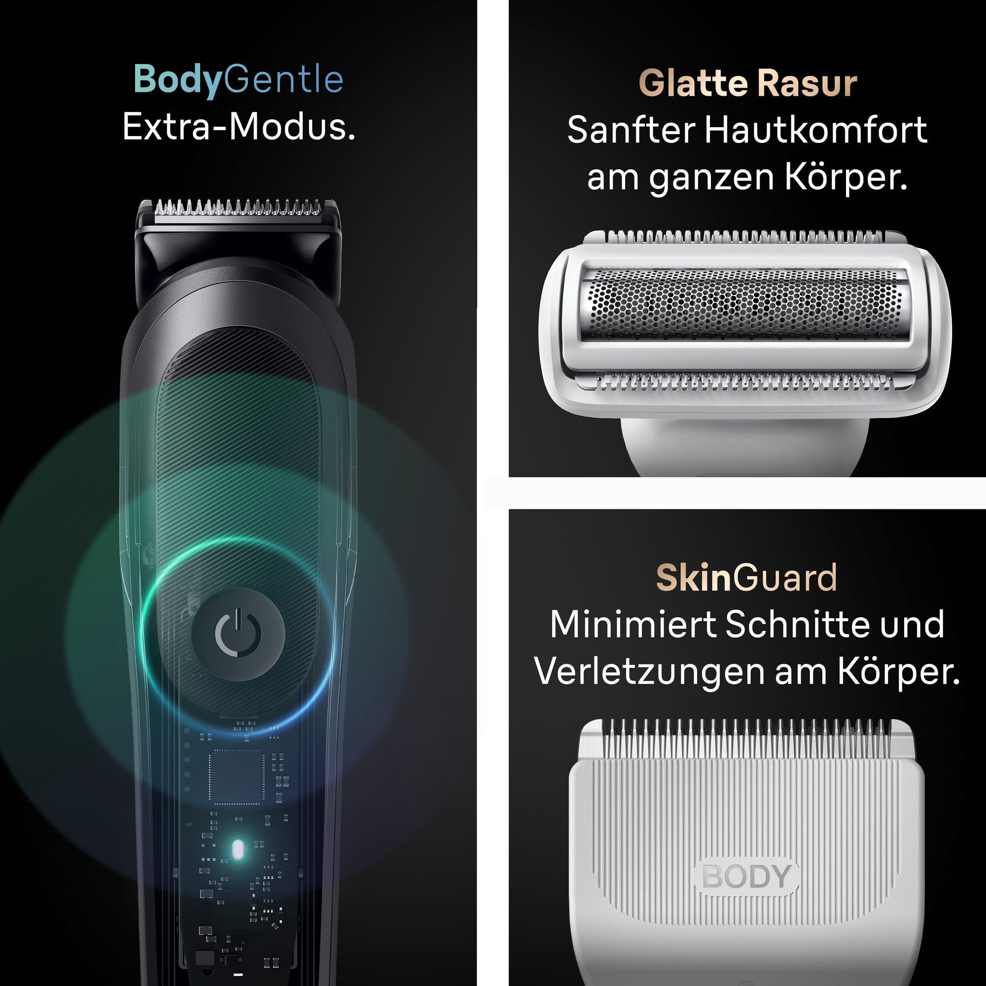 Braun Trimmer mit BodyGentle-Modus, SmoothShave- und SkinGuard-Aufsätzen für die Körperpflege.