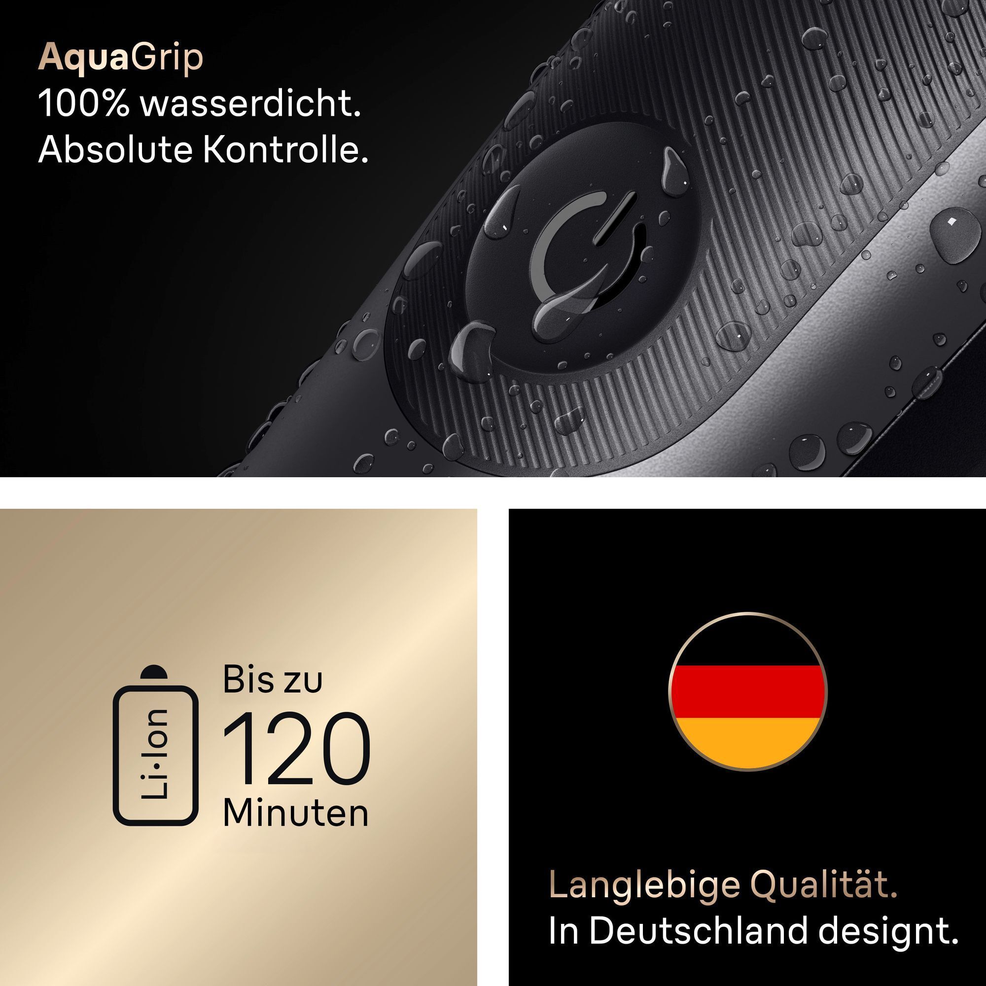 Wasserdichter Braun Trimmer mit AquaGrip-Griff, 120 Minuten Akkulaufzeit und deutschem Design-Siegel.