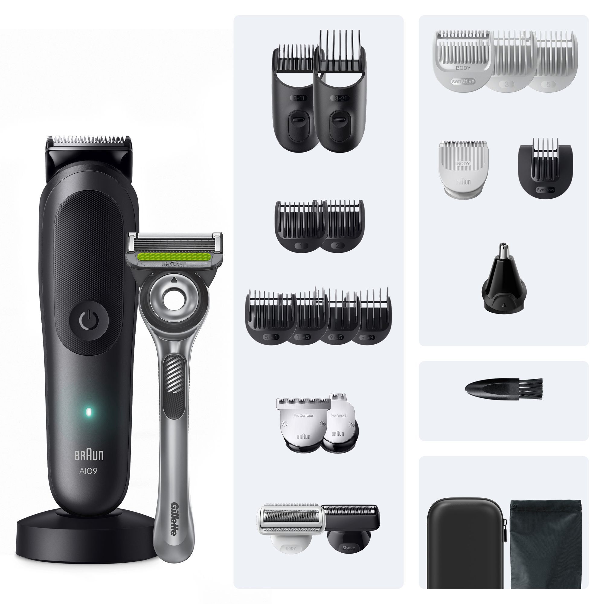 Kit aparador Braun AI09 com lâmina Gillette e vários acessórios de higiene.