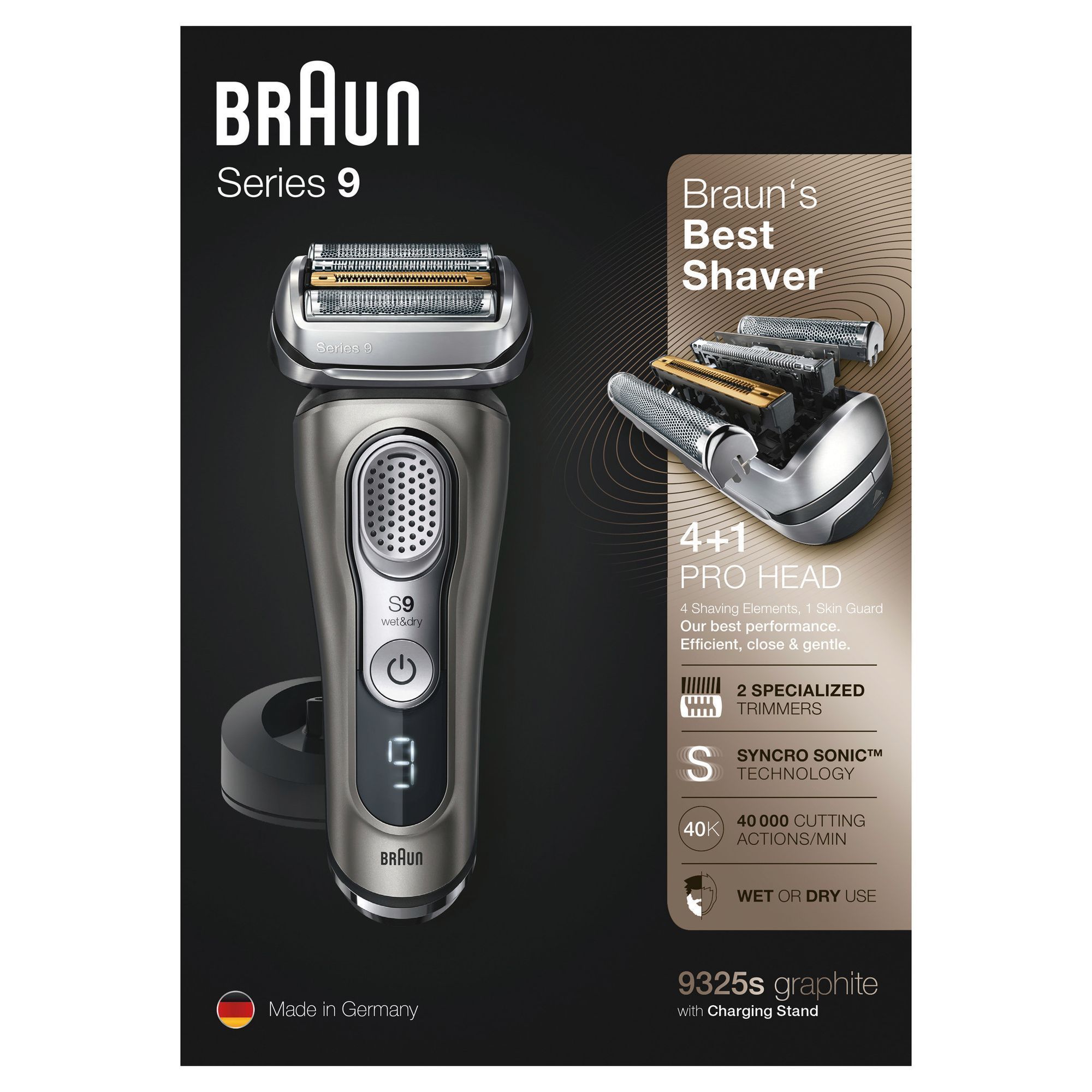 Braun Series 9 Rasierer, Verpackung mit dem Hinweis auf den 4+1 Pro-Scherkopf für beste Leistung.
