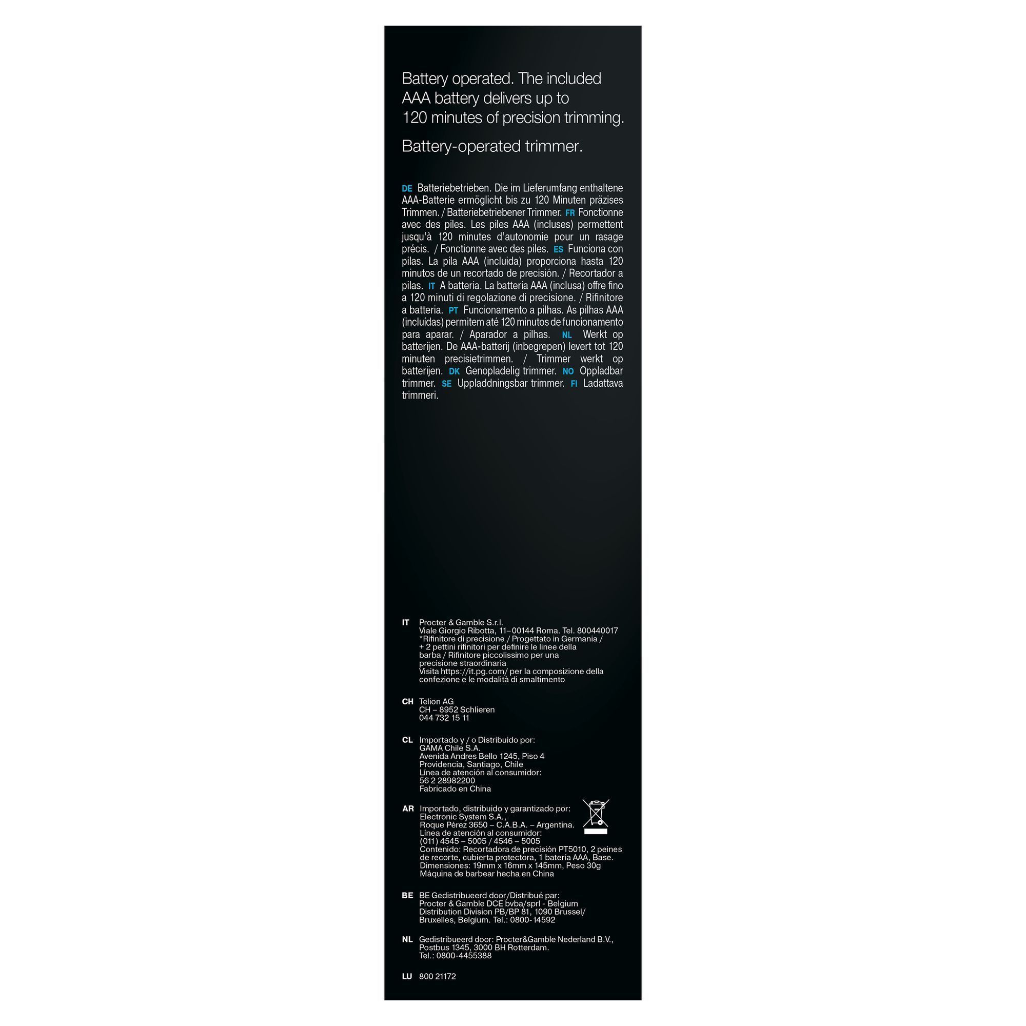 Braun batteriebetriebener Trimmer, die mitgelieferte AAA-Batterie ermöglicht bis zu 120 Minuten präzises Trimmen.