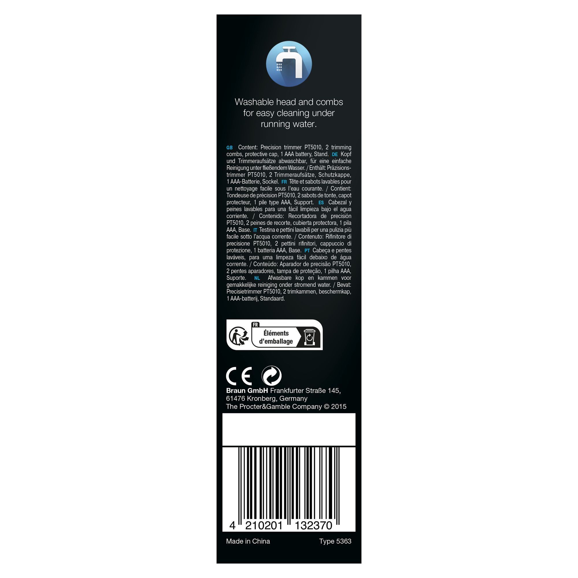 Braun Präzisionstrimmer PT5010 Verpackung, die abwaschbaren Kopf und Kämme für eine einfache Reinigung unter fließendem Wasser hervorhebt.