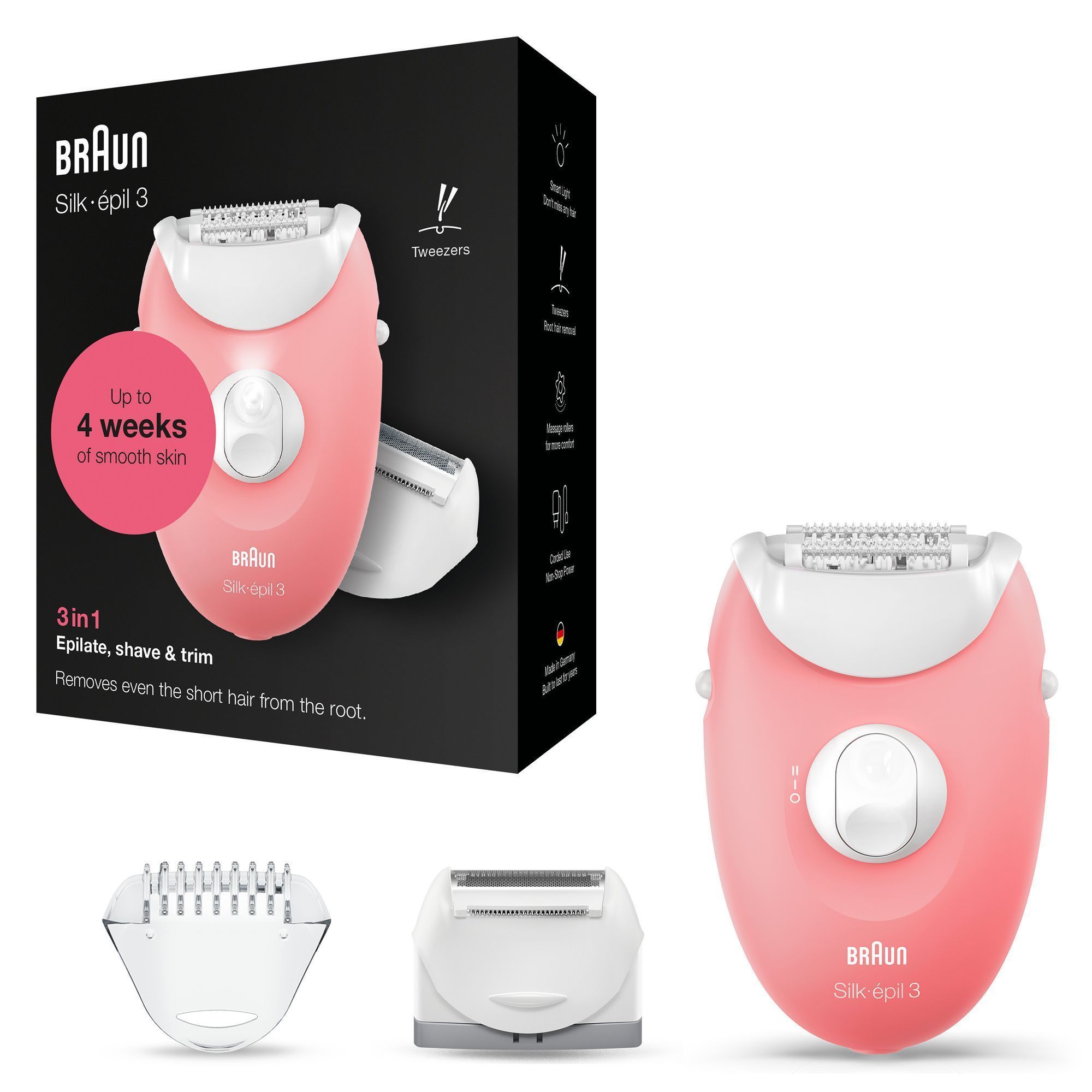 Braun Silk-épil 3 Epilierer mit Verpackung, die "Bis zu 4 Wochen glatte Haut" hervorhebt.