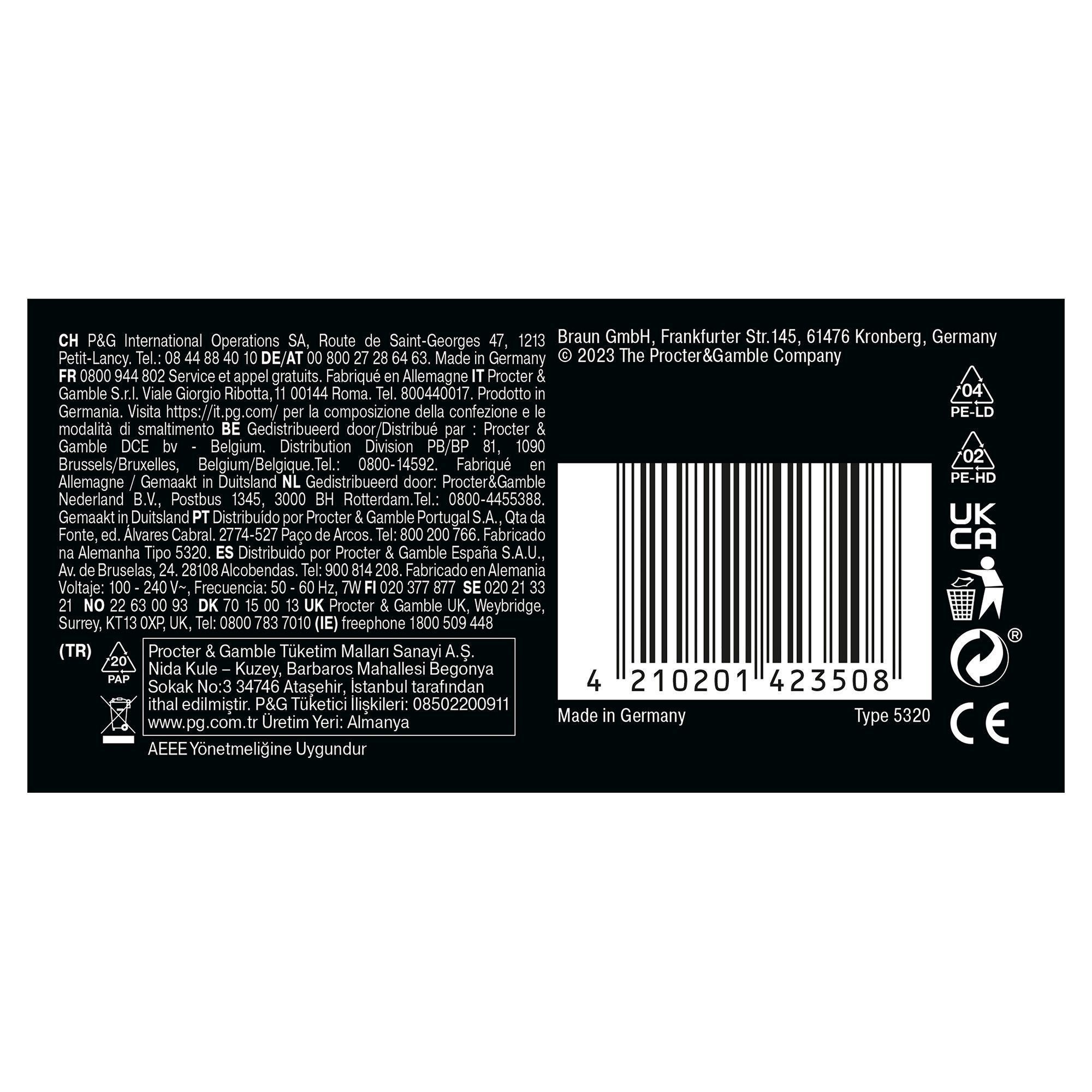 Braun Produktverpackung mit Barcode und Recycling-Informationen, hergestellt in Deutschland.