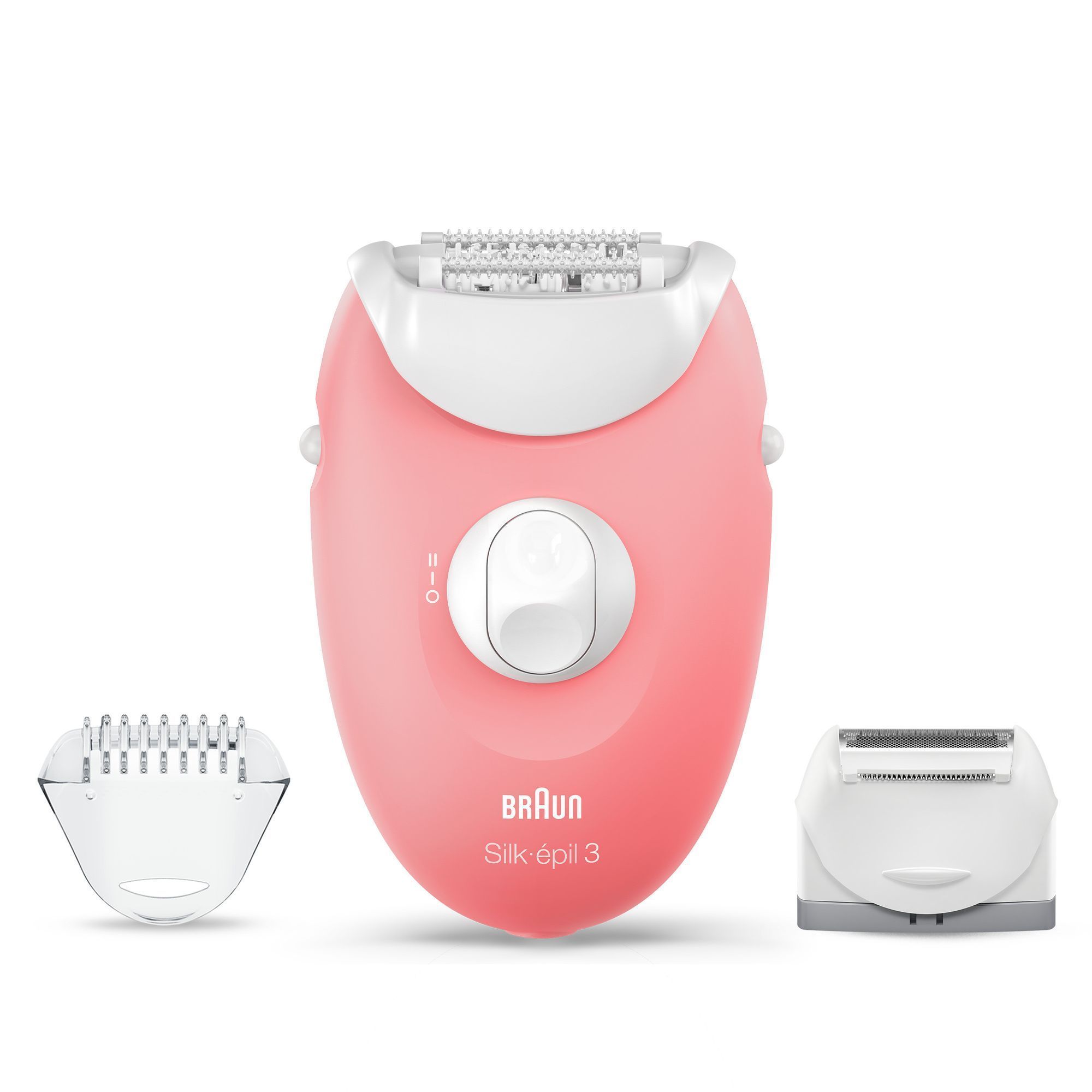 Braun Silk-épil 3 Epilierer in Rosa, zusammen mit zwei Aufsätzen für verschiedene Anwendungsbereiche.