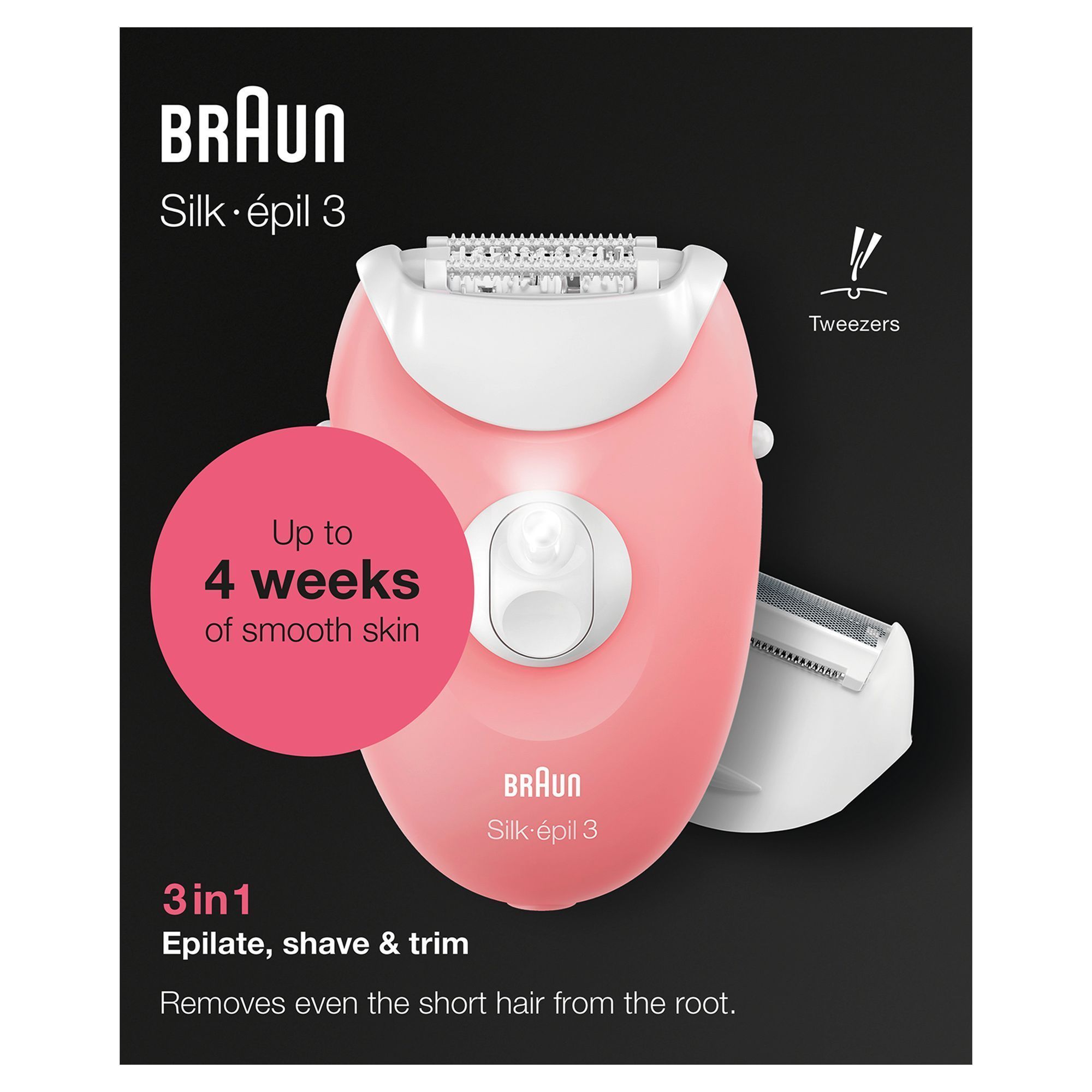Braun Silk-épil 3 Epilierer Produktverpackung , hervorgehoben mit dem Versprechen von bis zu 4 Wochen glatter Haut.
