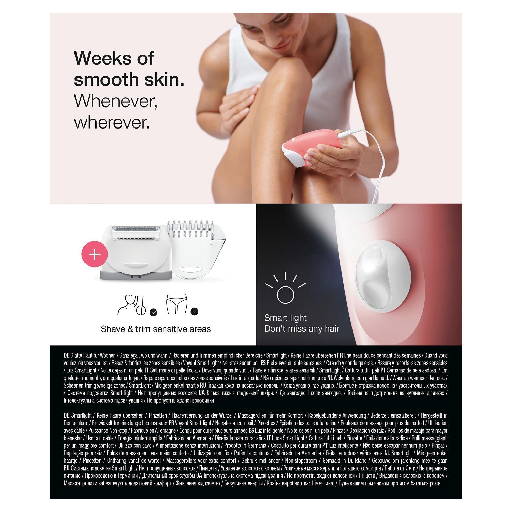 Braun Epilierer Produktverpackung mit Aufsätzen zum Rasieren und Trimmen empfindlicher Bereiche sowie Smartlight, um keine Haare zu übersehen.