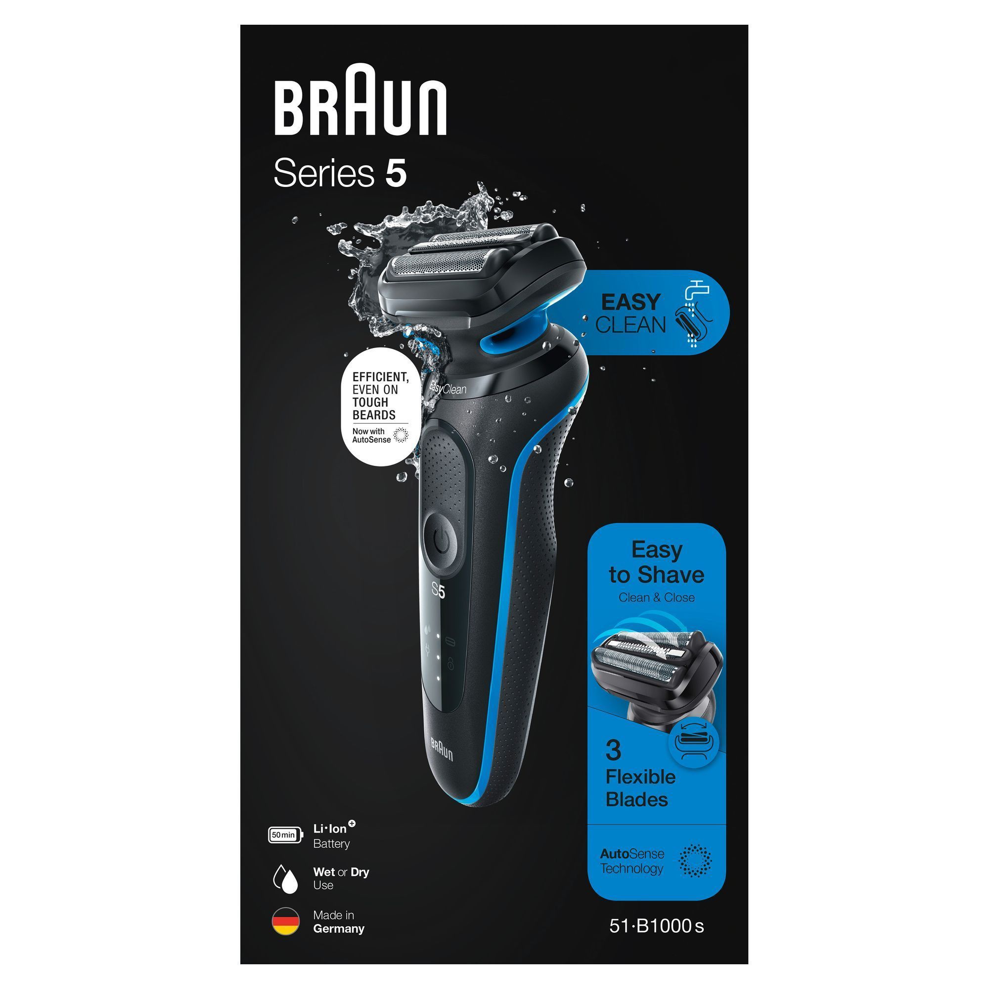 Braun Series 5 Rasierer, Verpackung, die "Easy Clean" und "Effizient, auch bei starken Bärten" mit AutoSense-Technologie hervorhebt.