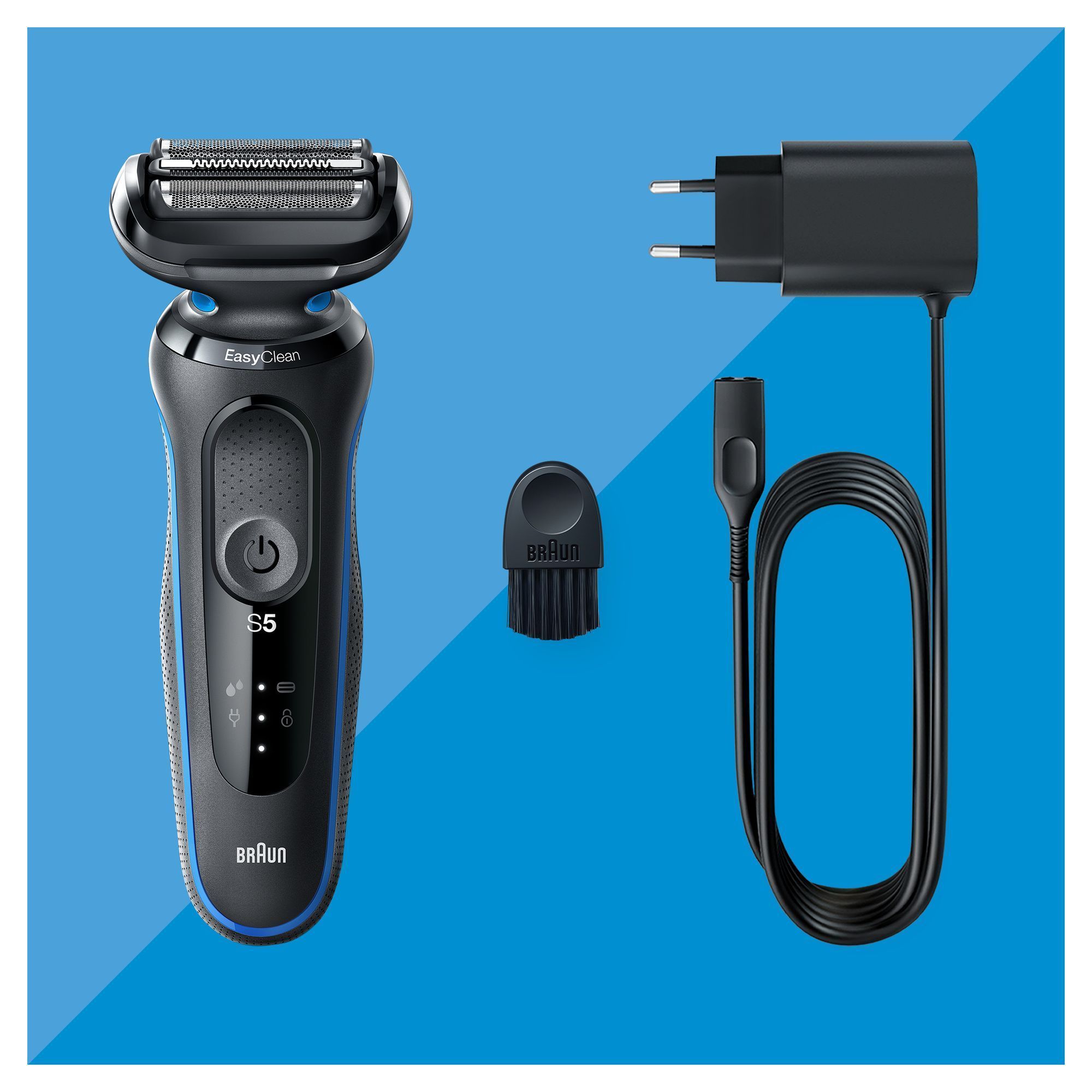 Braun Series 5 Rasierer mit Reinigungsbürste und Ladegerät.
