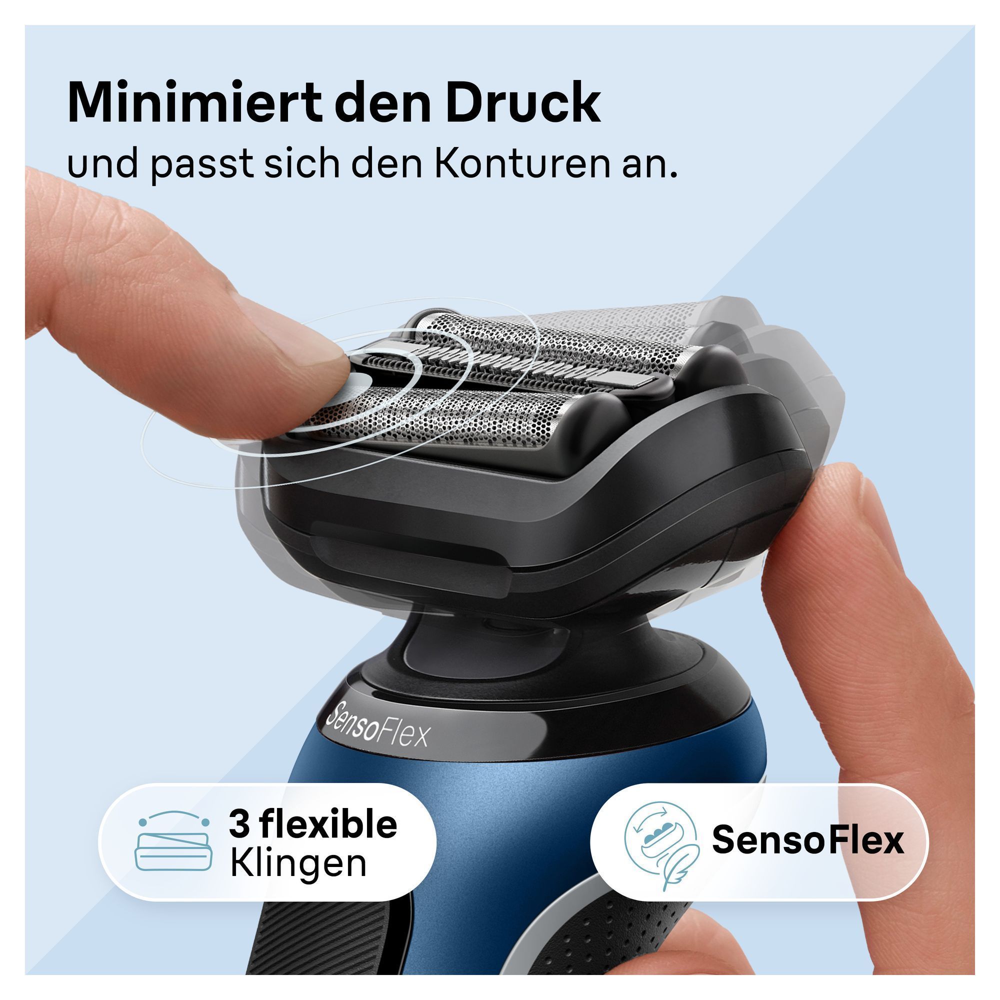 Vergrößertes Bild des Rasierkopfes mit 3 flexiblen Klingen und Senso Flex Technologie