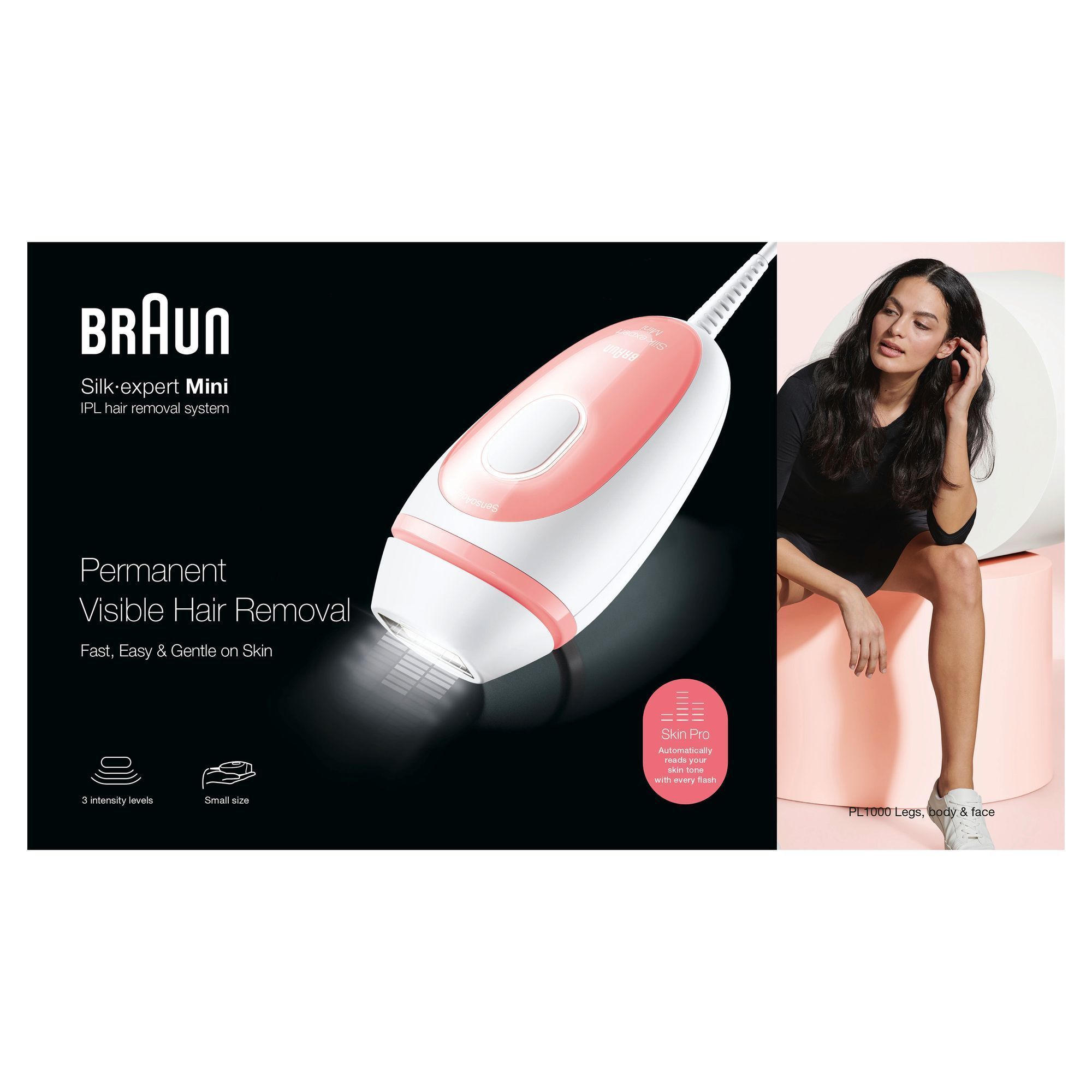Braun Silk-expert Mini IPL Haarentfernungssystem Verpackung, mit dem Hinweis auf dauerhafte, sichtbare Haarentfernung.