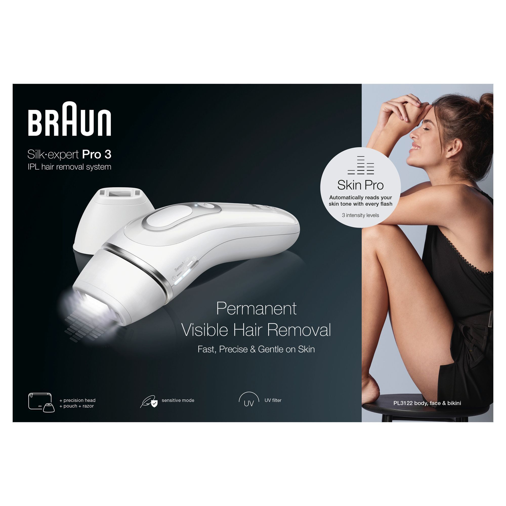 Braun Silk-expert Pro 3 IPL Haarentfernungssystem mit Skin Pro Technologie, die den Hautton automatisch bei jedem Blitz erkennt.