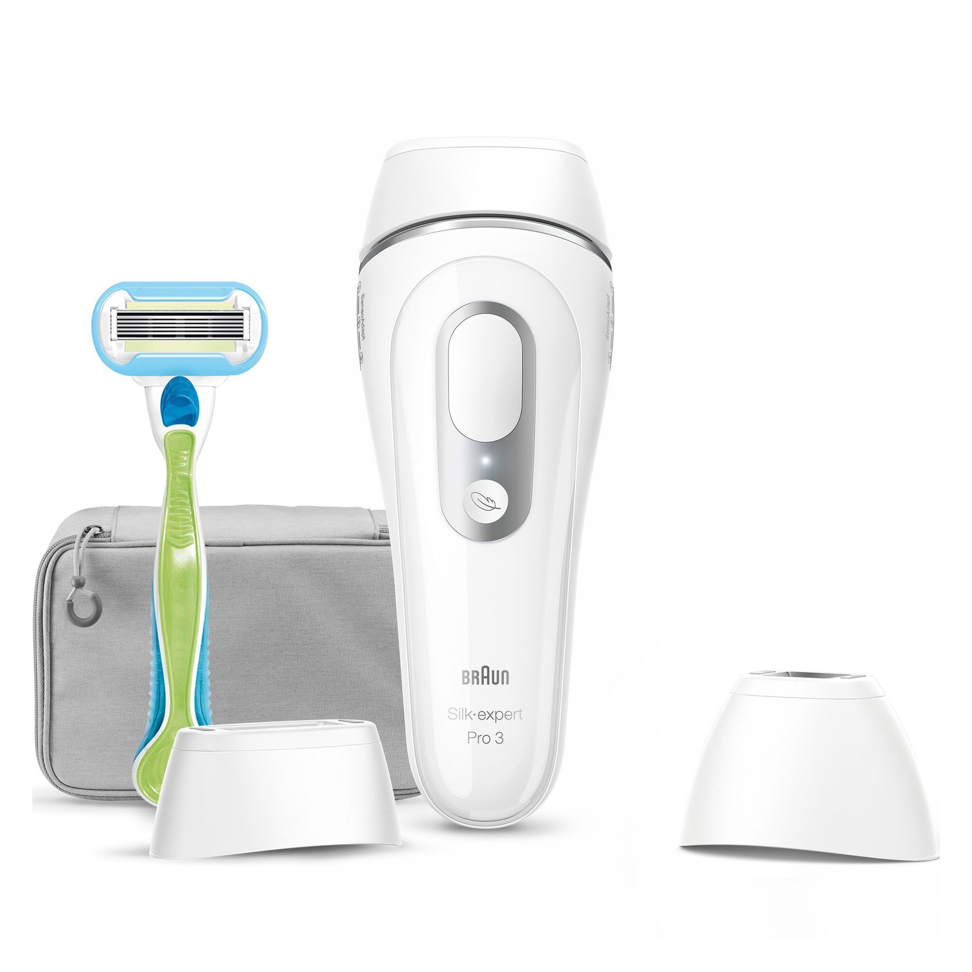 Braun Silk-expert Pro 3 IPL-Haarentfernungssystem mit Venus-Rasierer, Aufbewahrungstasche und zwei Aufsätzen.