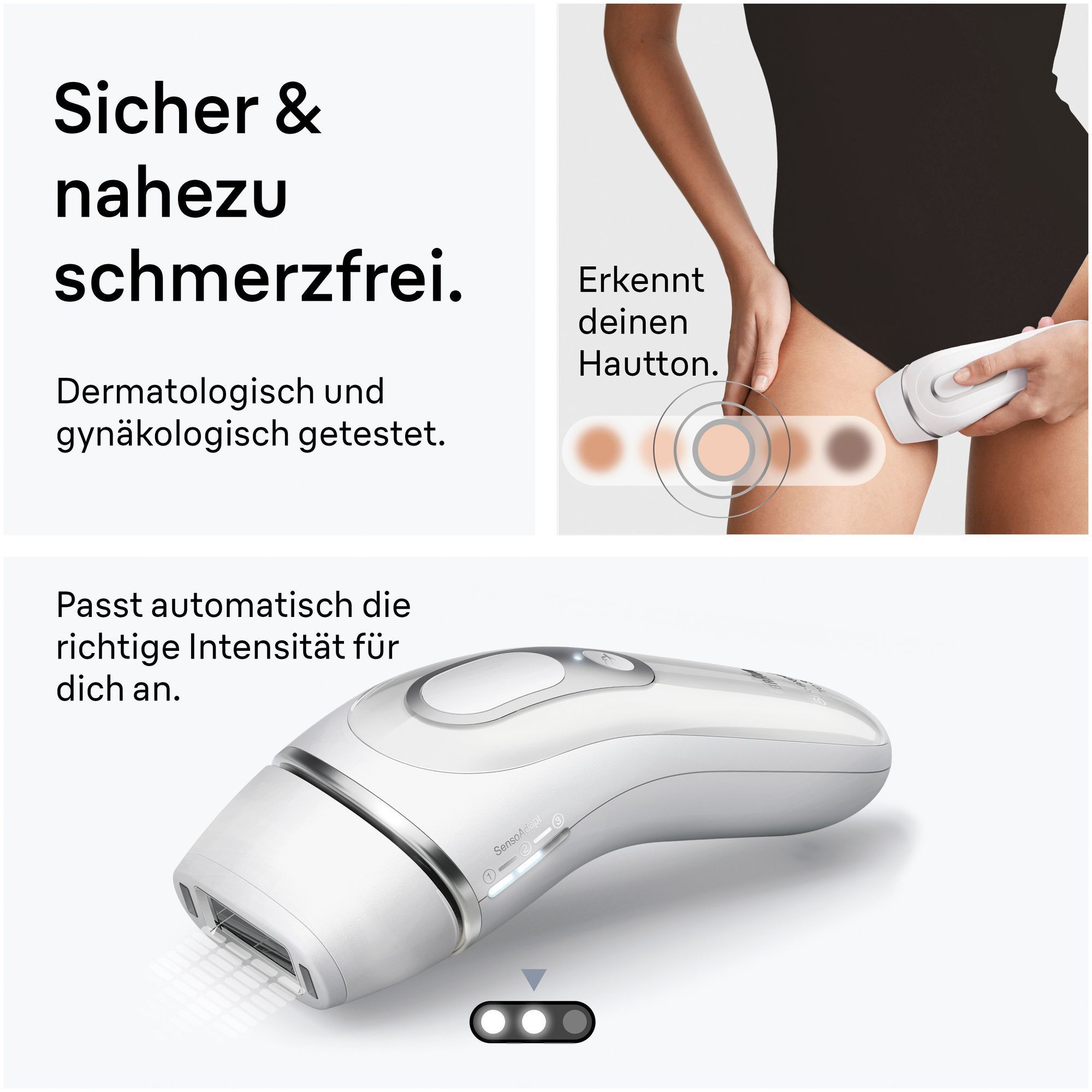 Eine Frau verwendet den Braun Silk·expert Pro 3 in ihrem Intimbereich, mit der Grafik des Smart SkinProtect Sensors darüber. Das Gerät auf einem weißen Hintergrund.