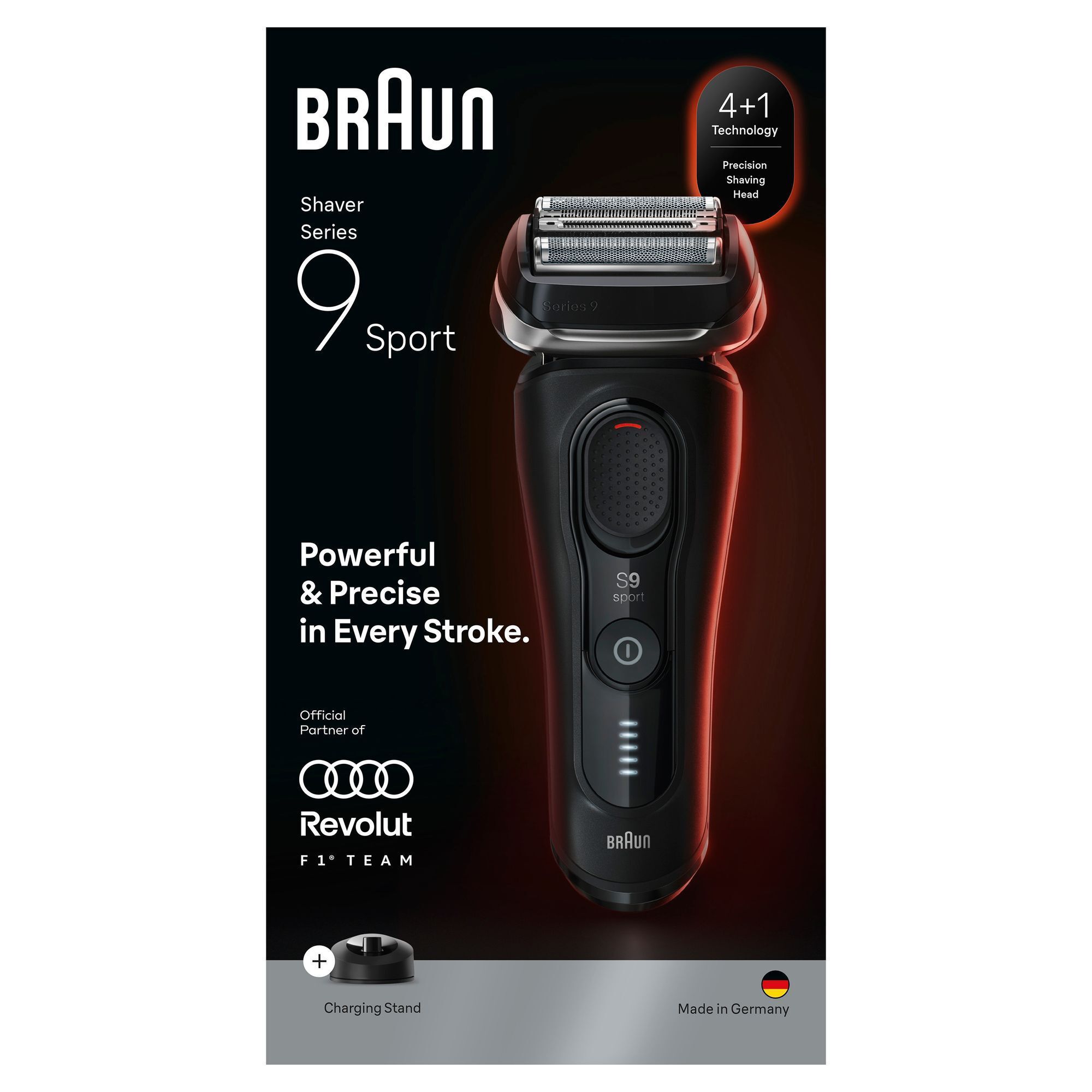 Emballage du Rasoir Braun Series 9 Sport, puissant et précis à chaque passage avec base de recharge.