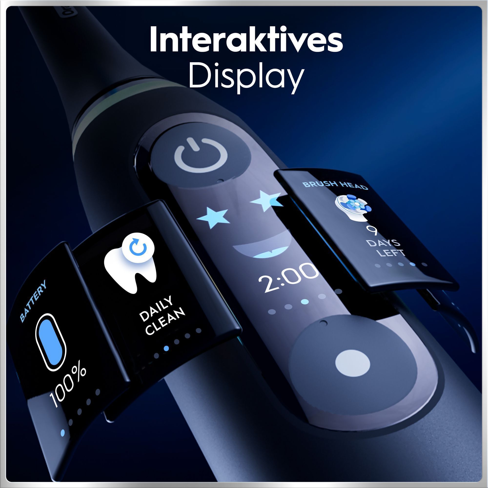 Elektrische Zahnbürste mit interaktivem Display zeigt Putzzeit, Akku und Bürstenkopf-Status.