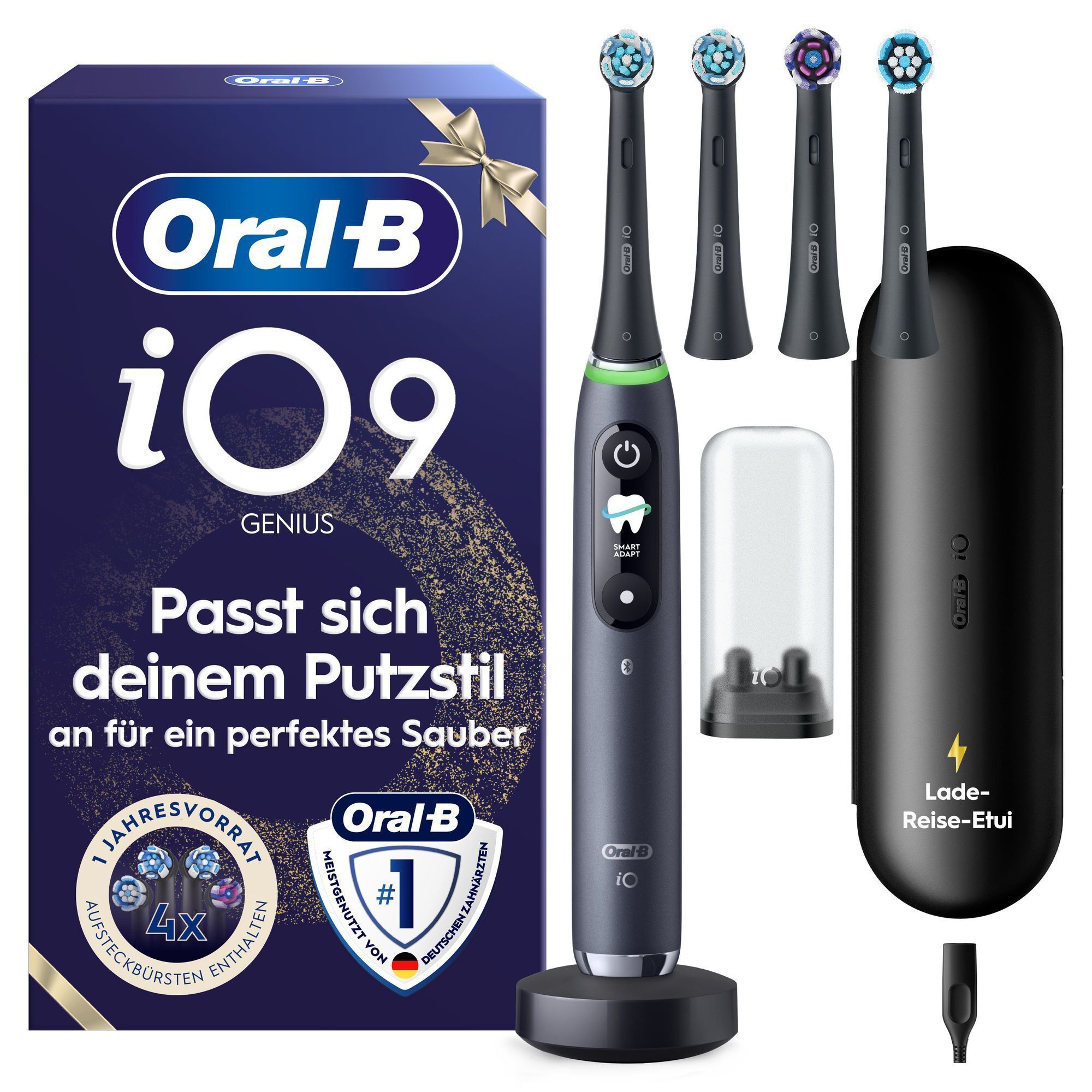 Oral-B iO9 Genius Zahnbürste mit 4 Aufsteckbürsten (1 Jahresvorrat) & Lade-Reise-Etui.