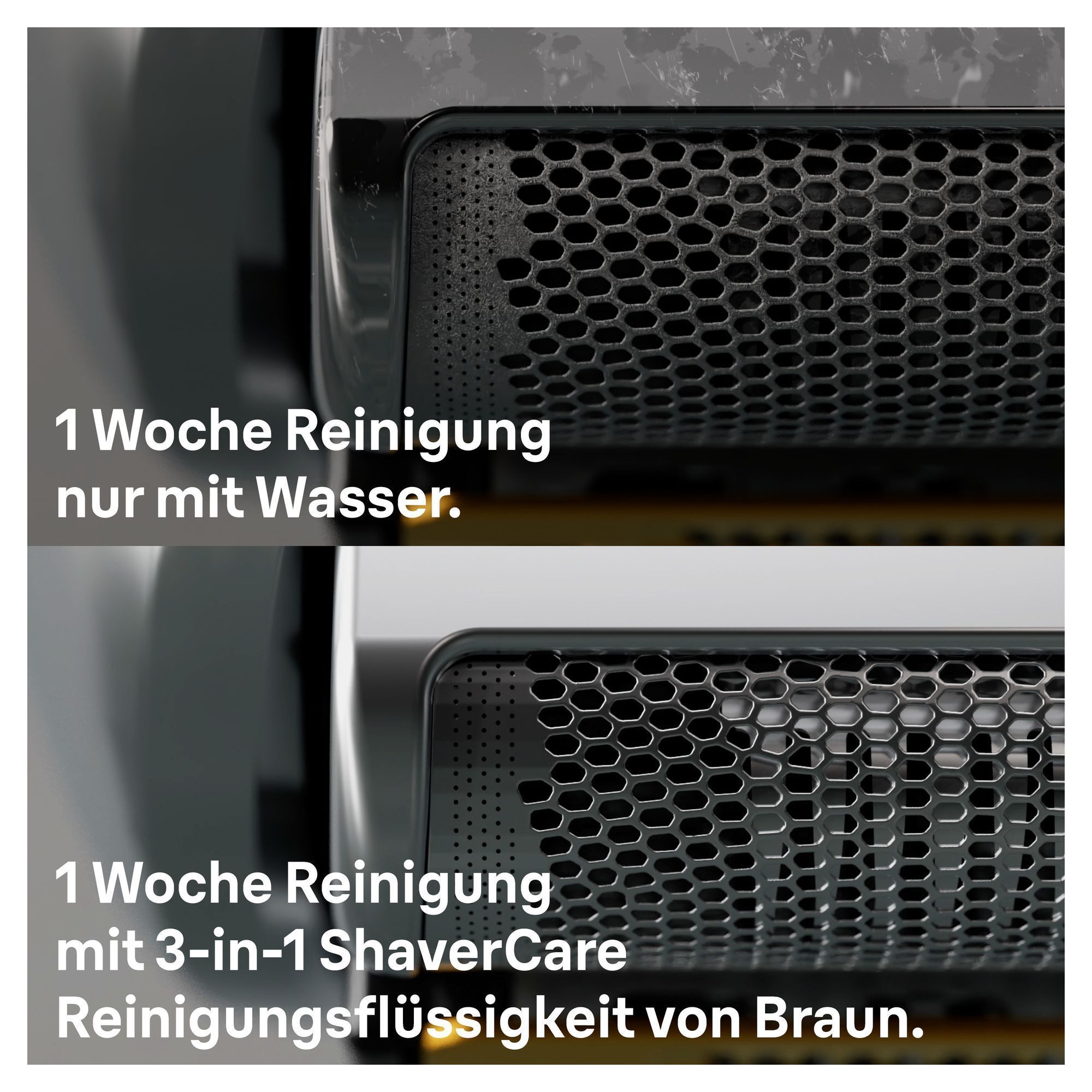Braun Rasierer, oben nach einer Woche Reinigung nur mit Wasser, unten mit Braun 3-in-1 ShaverCare Reinigungsflüssigkeit.
