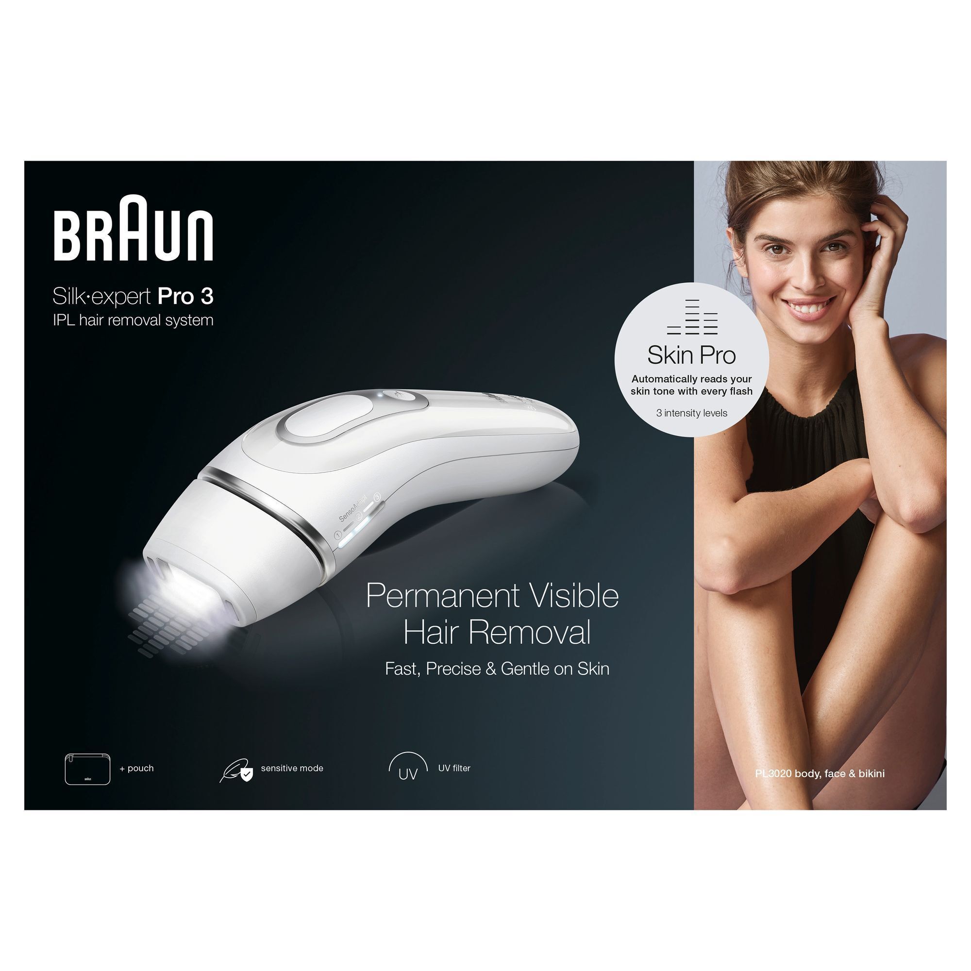 Braun Silk-expert Pro 3 IPL-Haarentfernungssystem, mit dem Hinweis auf "Permanent Visible Hair Removal" (Dauerhafte sichtbare Haarentfernung).
