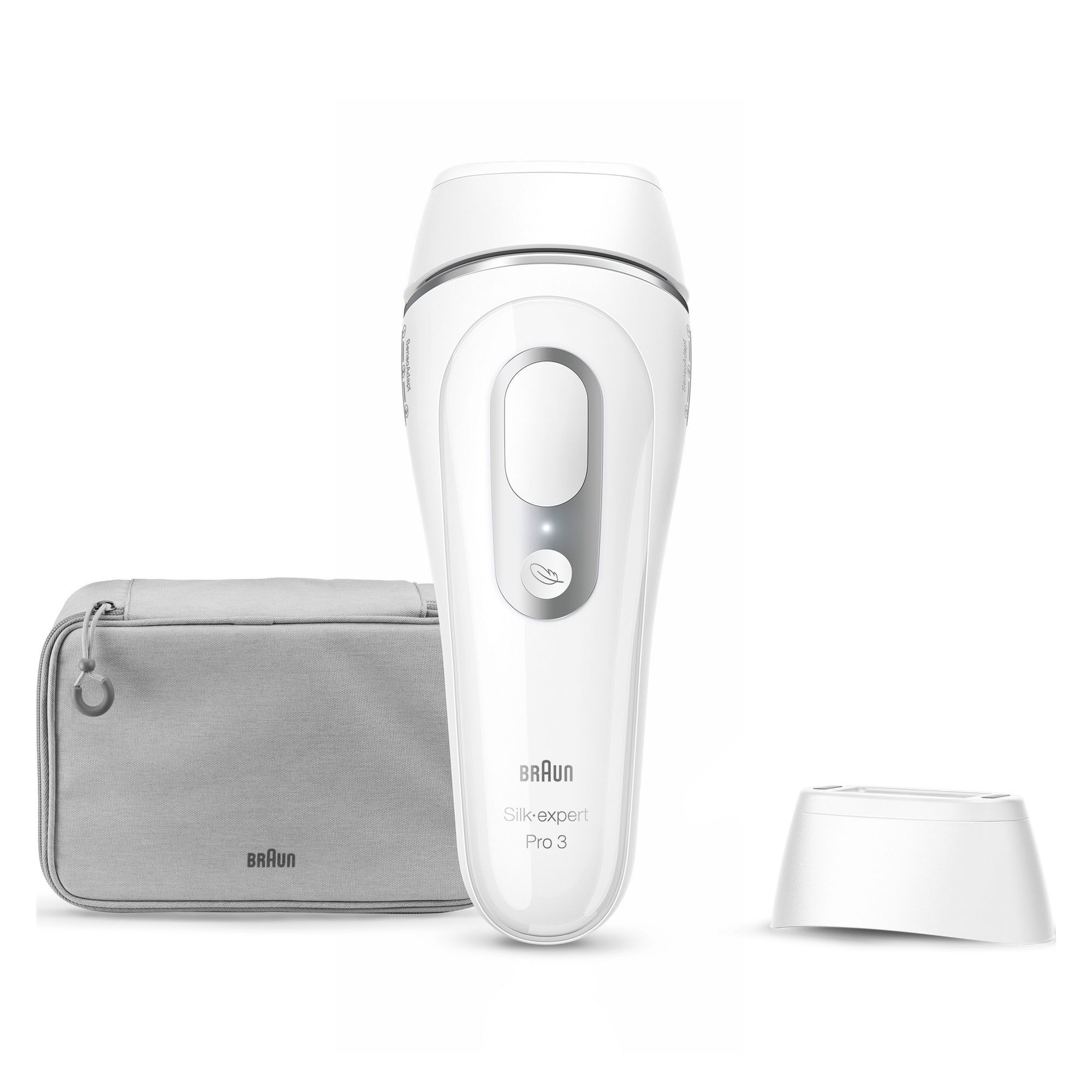 Braun Silk-expert Pro 3 IPL-Haarentfernungssystem mit Aufbewahrungstasche und Ladestation.