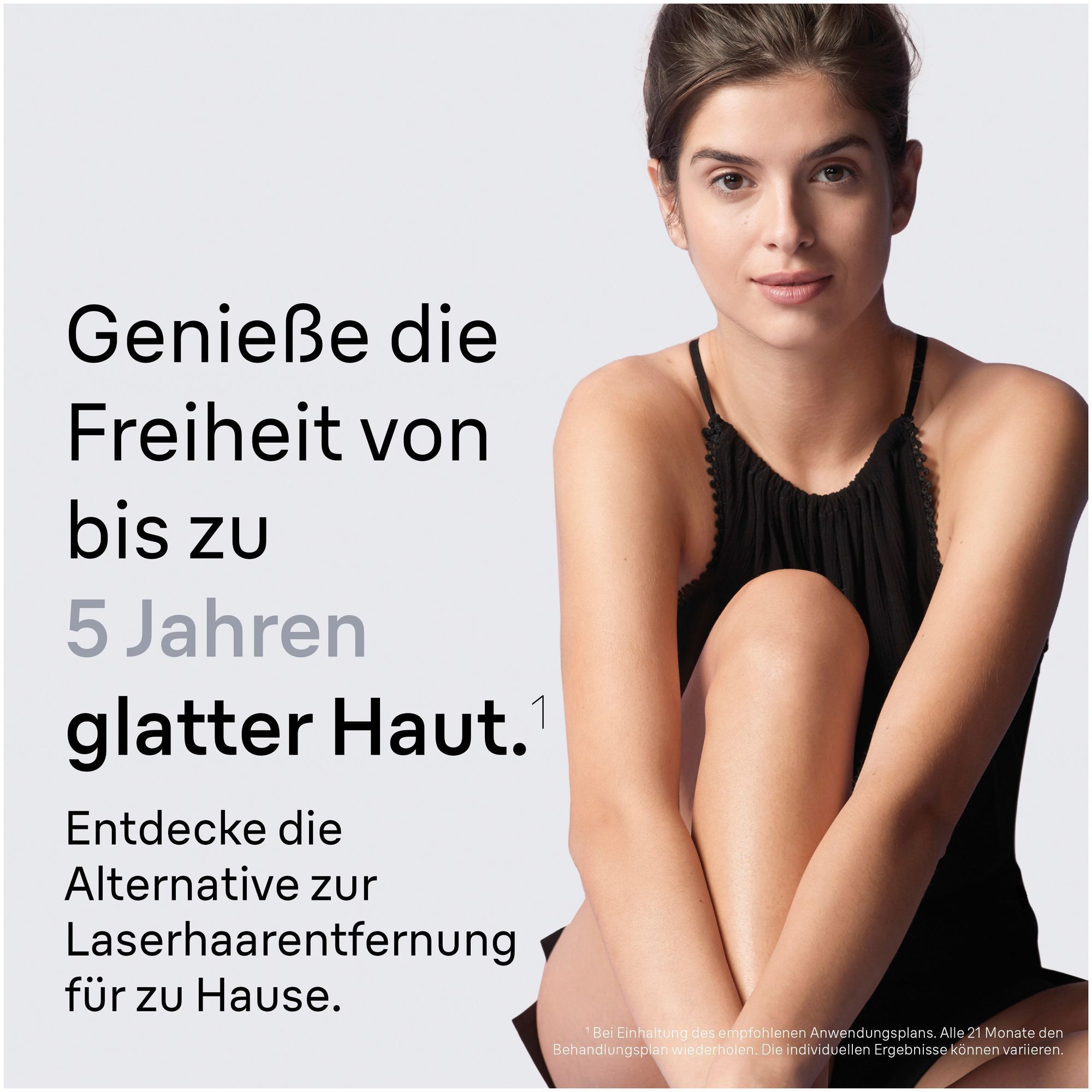 A woman in a seated pose, enjoying 1.5 years of smooth skin after having used the Braun Silk·expert Pro 3.