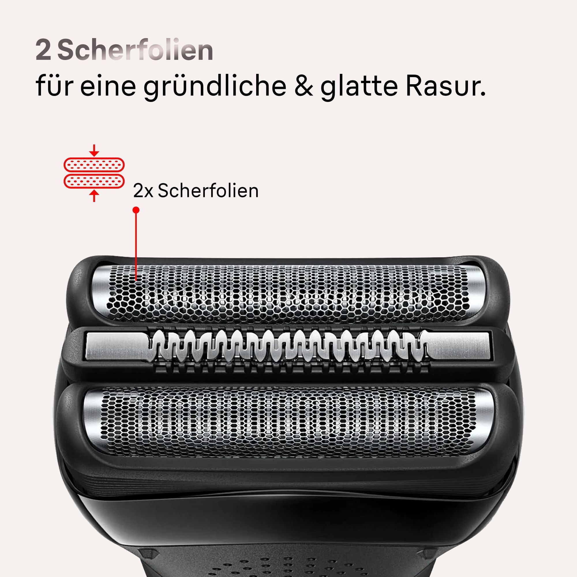 Nahaufnahme des Series&nbsp;3 Scherkopfs mit 2 Scherfolien für eine präzise und glatte Rasur.