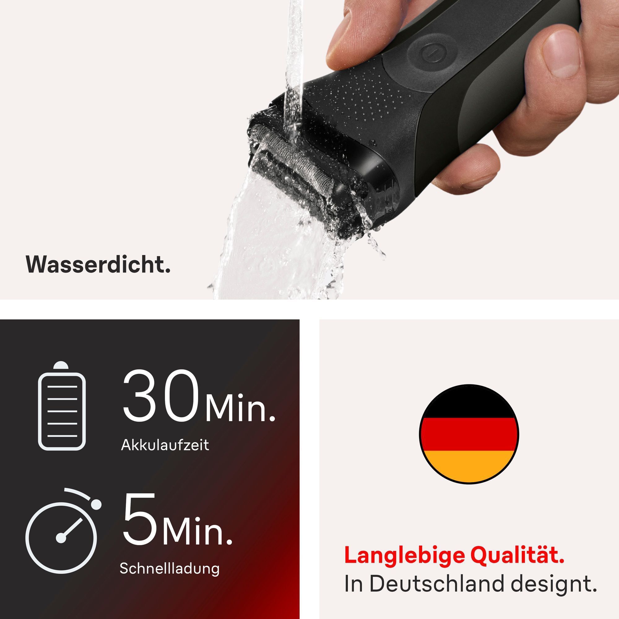 Wasserdicht, bis zu 30&nbsp;Min. Akkulaufzeit und 5 Minuten Schnellladung. Langlebig