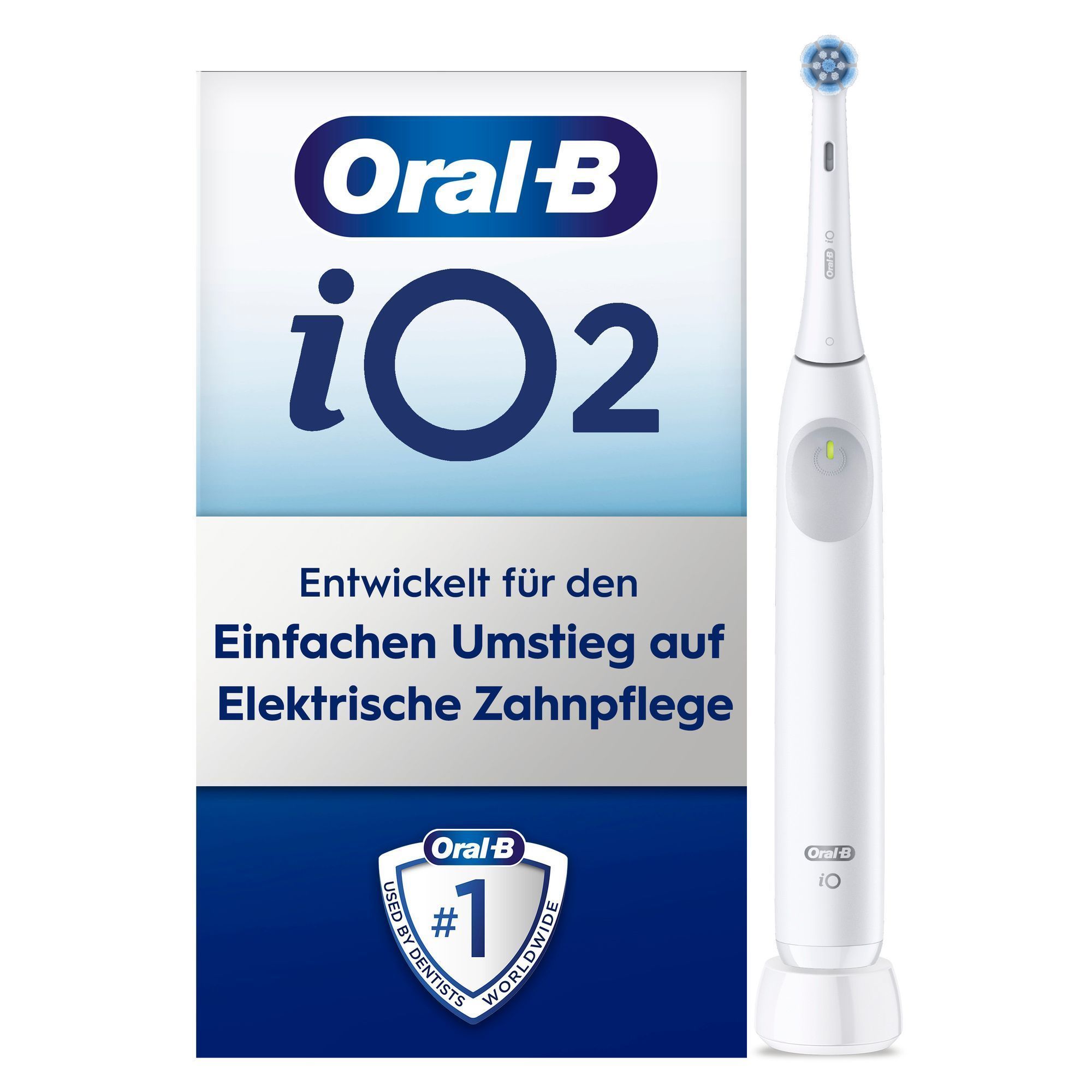 Oral-B iO2 ZahnbÃ¼rste mit Verpackung, die den einfachen Umstieg auf elektrische Zahnpflege hervorhebt.