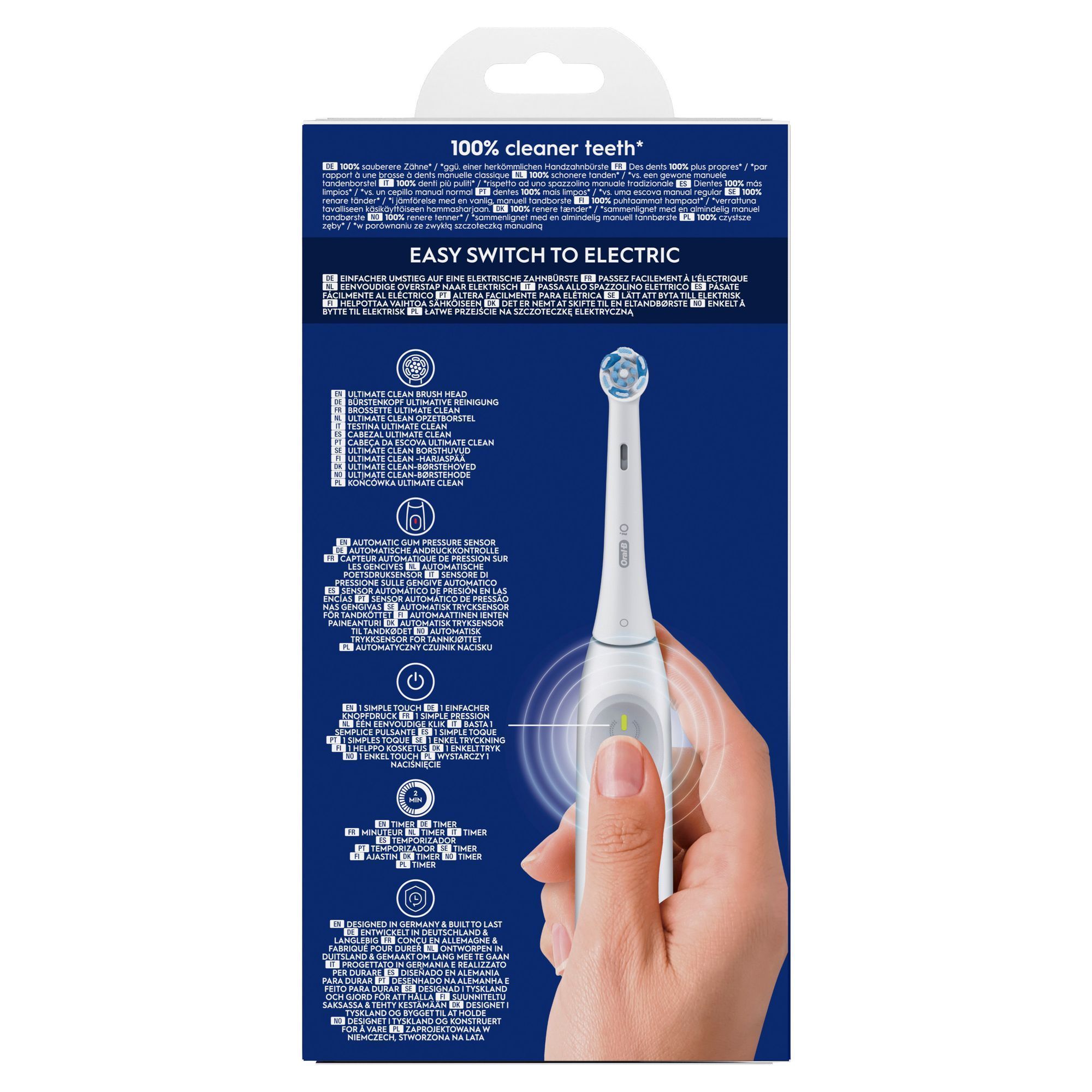 Oral-B elektrische ZahnbÃ¼rste, Verpackung mit dem Hinweis auf 100% sauberere ZÃ¤hne und einfache Umstellung auf elektrisch.