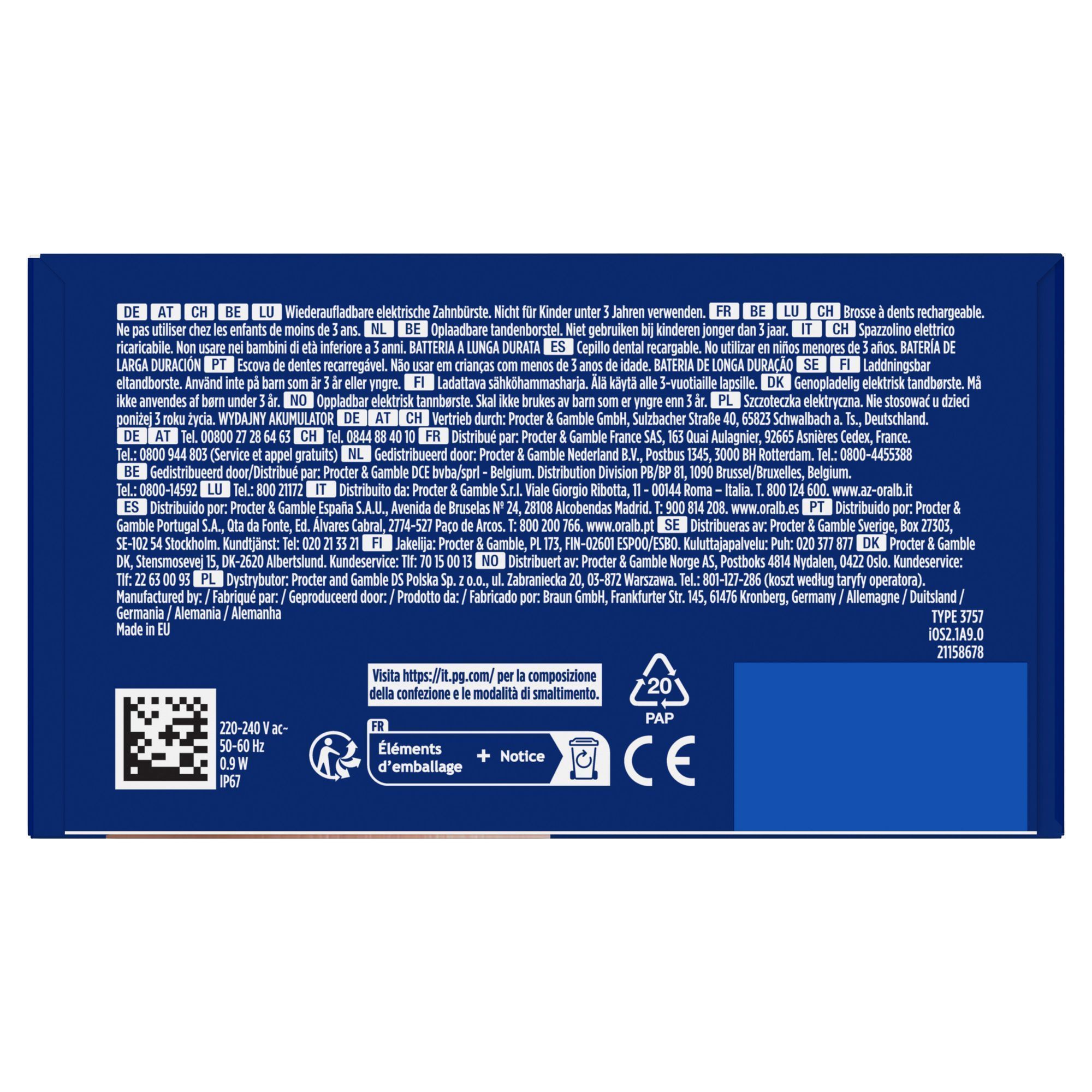 Oral-B Verpackung mit dem Hinweis "Wiederaufladbare elektrische ZahnbÃ¼rste. Nicht fÃ¼r Kinder unter 3 Jahren verwenden."