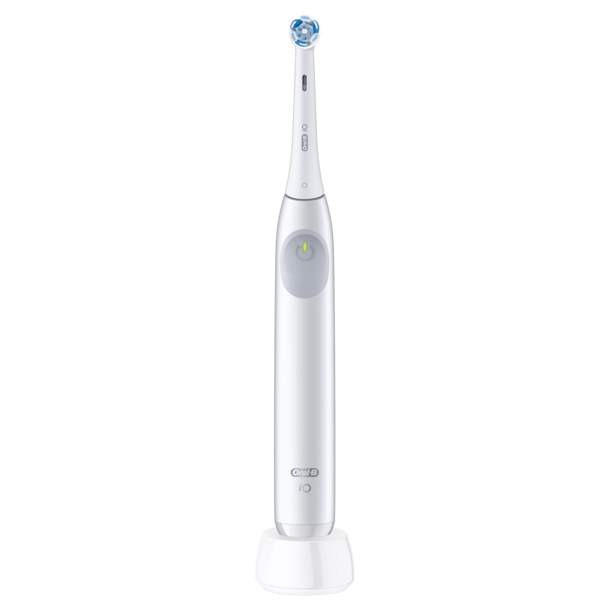 Oral-B iO elektrische ZahnbÃ¼rste in WeiÃ, stehend auf der Ladestation.