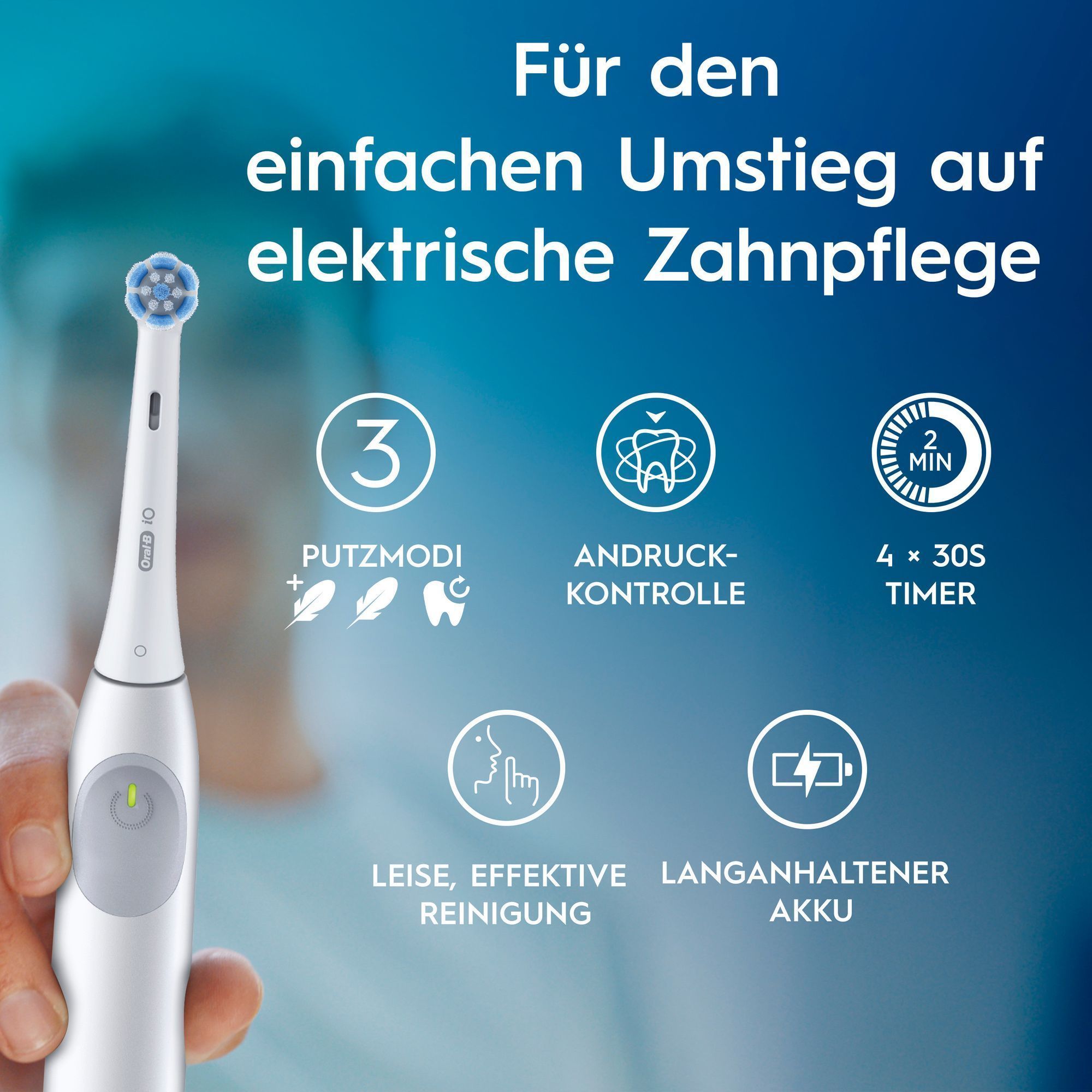 Nahaufnahme einer Oral-B iO ZahnbÃ¼rste mit Produkteigenschaften, einschlieÃlich 3 Putzsmodi, Andruckkontrolle, 4x30s Timer, leiser aber effektiver Reinigung und langanhaltendem Akku.