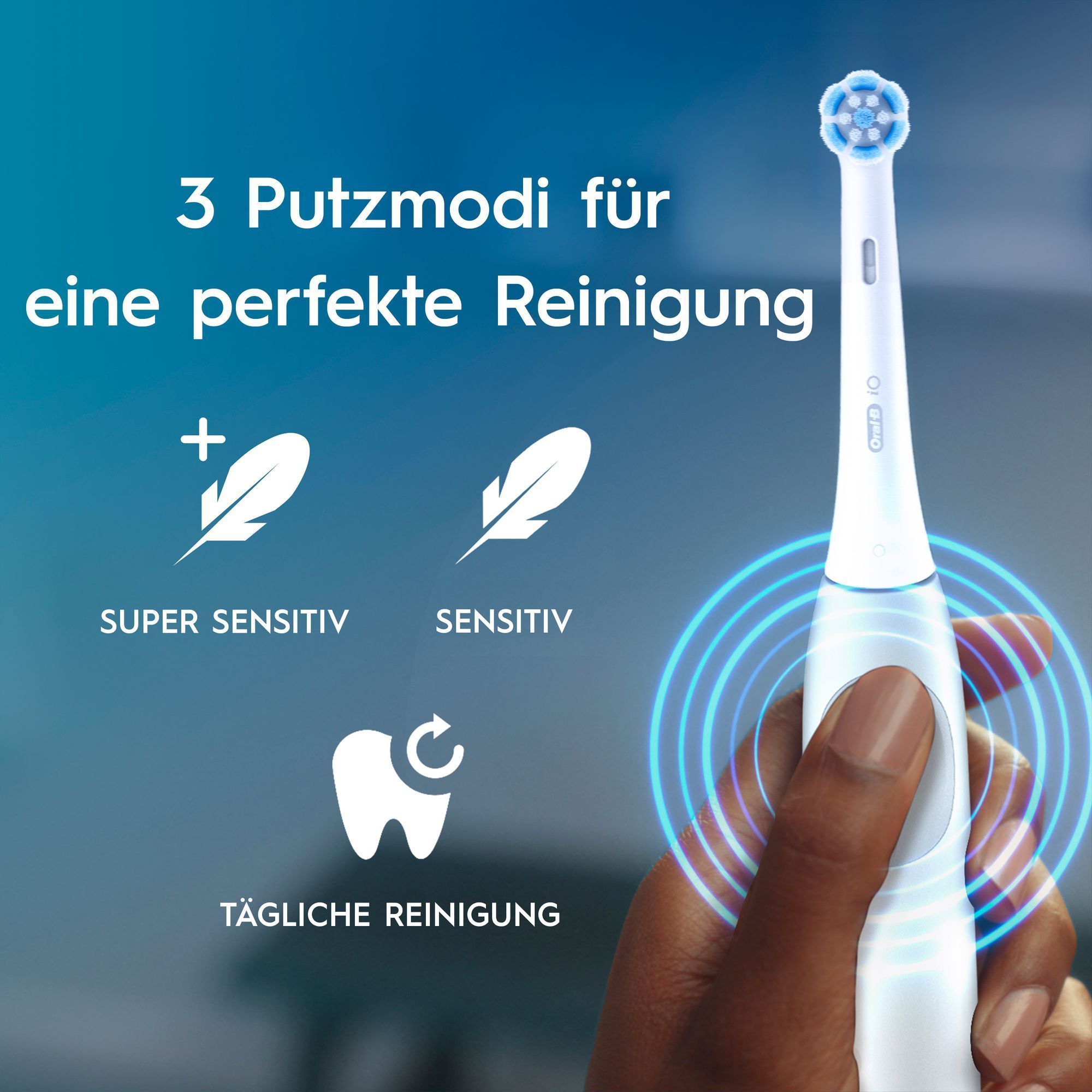 Abbildung einer Oral-B iO ZahnbÃ¼rste mit Produkteigenschaften, u.a. 3 Putzmodi fÃ¼r eine perfekte Reinigung: Super Sensitiv, Sensitiv, TÃ¤gliche Reinigung