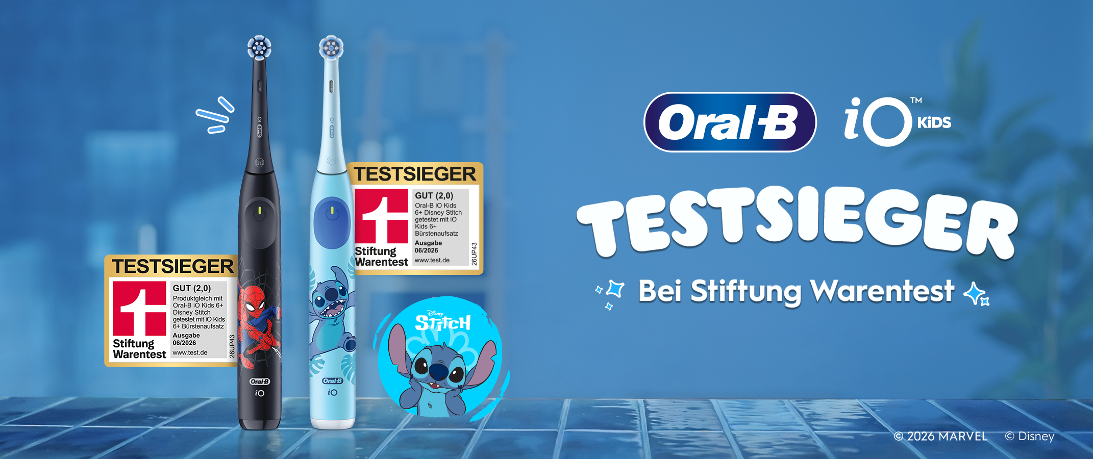 Oral-B iO Kids elektrische Zahnbürsten mit Spider-Man und Disney Stitch Design – Testsieger Stiftung Warentest, Note Gut (2,0)